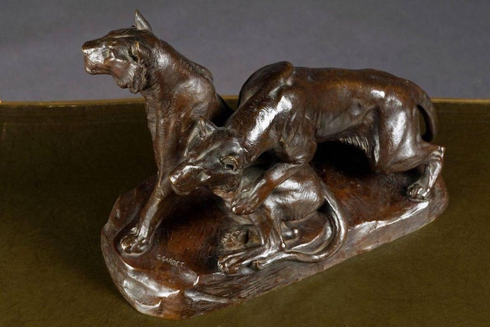 Early 20th Century Bronze Plastic Tiger Couple On Rocks By G. Gardet, 1863 1939 photo furniture