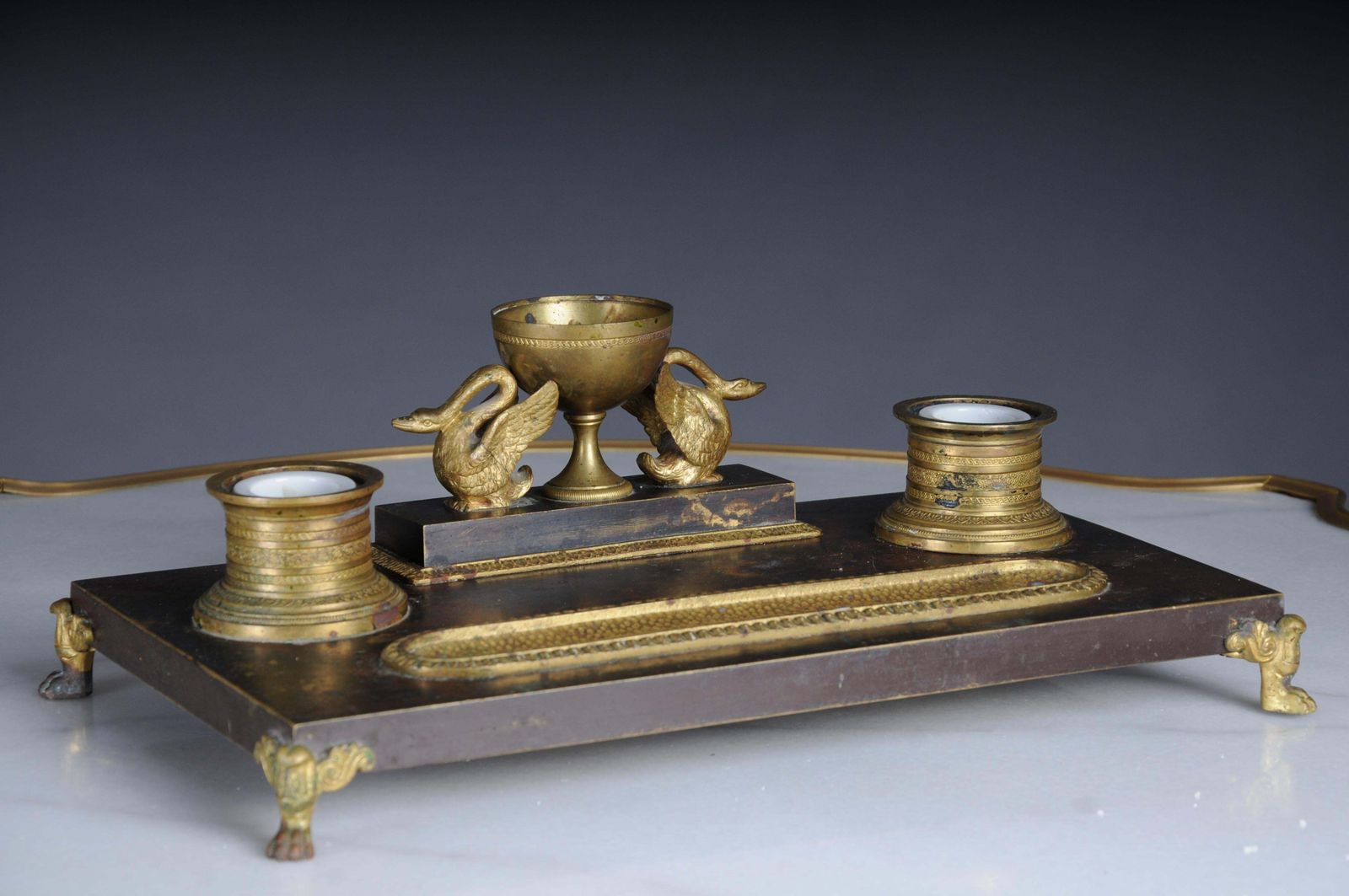 Antique Empire Ink Set, Gold Plated Bronze With Swans, France photo vinterior
