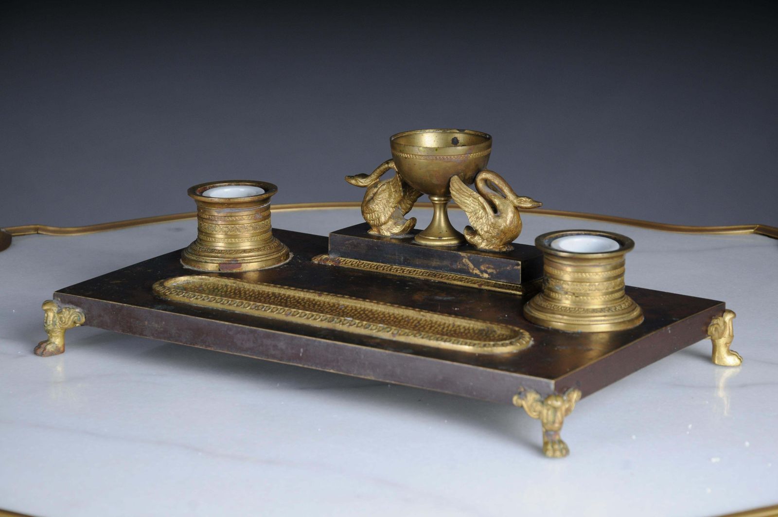 Antique Empire Ink Set, Gold Plated Bronze With Swans, France photo buy