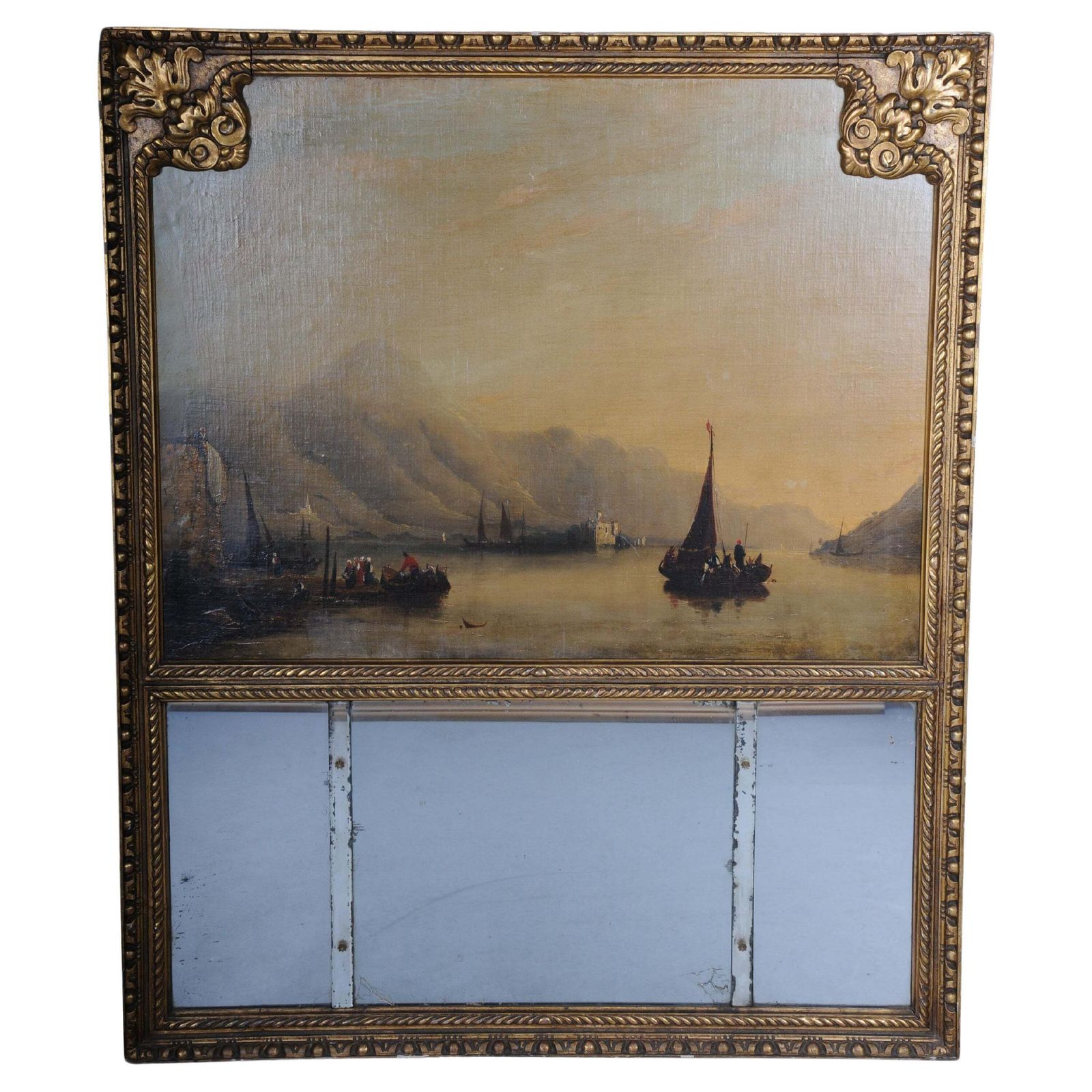Classic Antique French Trumeau Mirror With Harbor Landscape With Sailing Ships