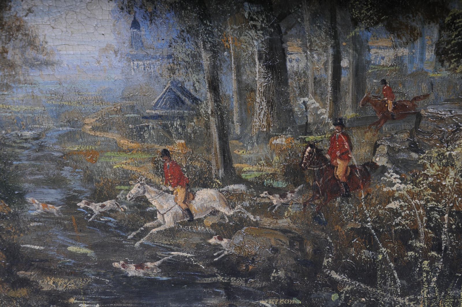 Impressionist Oil Painting Horse Rider With Hunting Dogs Forest, Signed photo vintage