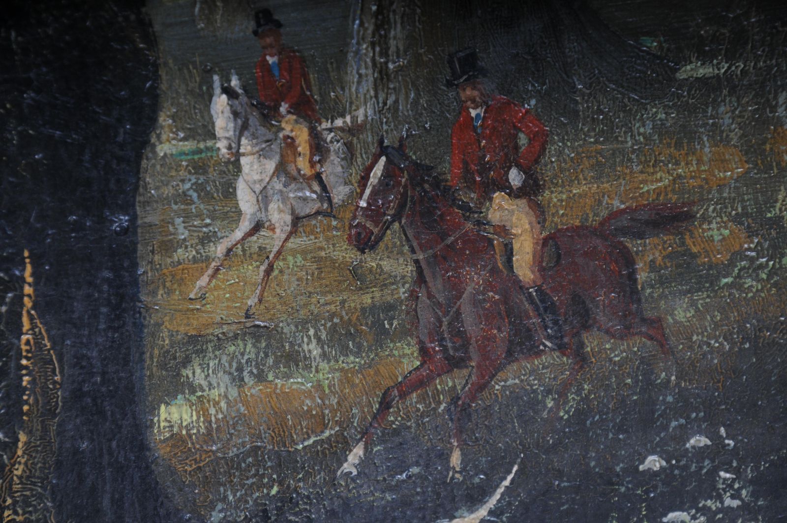 1065.0 Impressionist Oil Painting Horse Rider With Hunting Dogs Forest, Signed photo