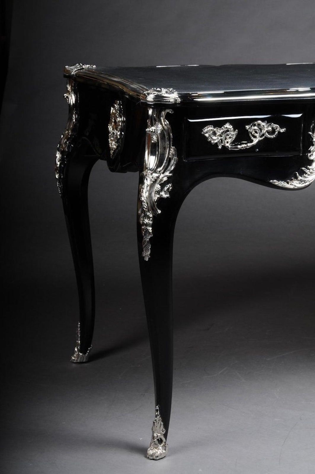 Designer Writing Desk / Bureau Plat In Louis XV Style, Piano Black photo vinterior