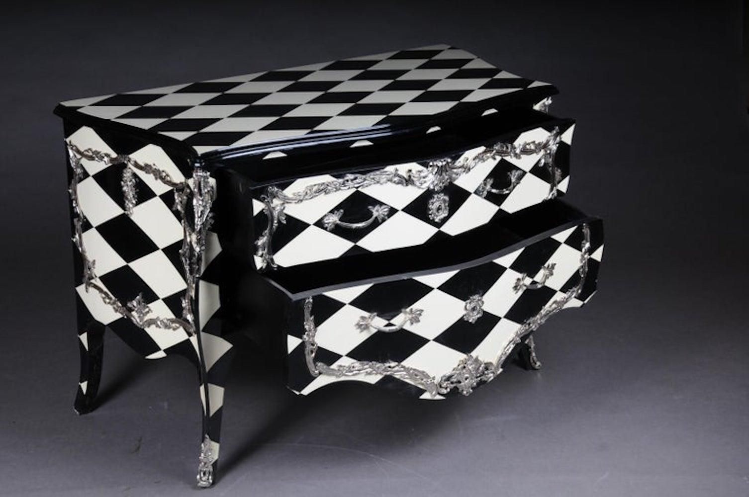 Designer Commode In Louis XV, Chessboard Pattern, Black And White photo for sale