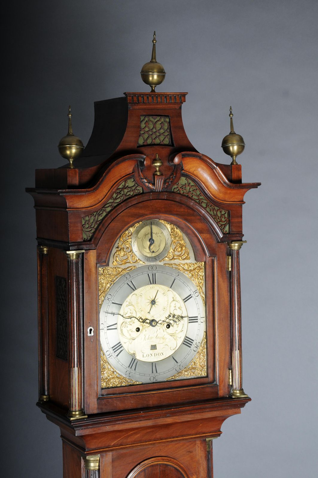 photo furniture Historic Antique English Grandfather Clock, Mahogany, 18th Century.