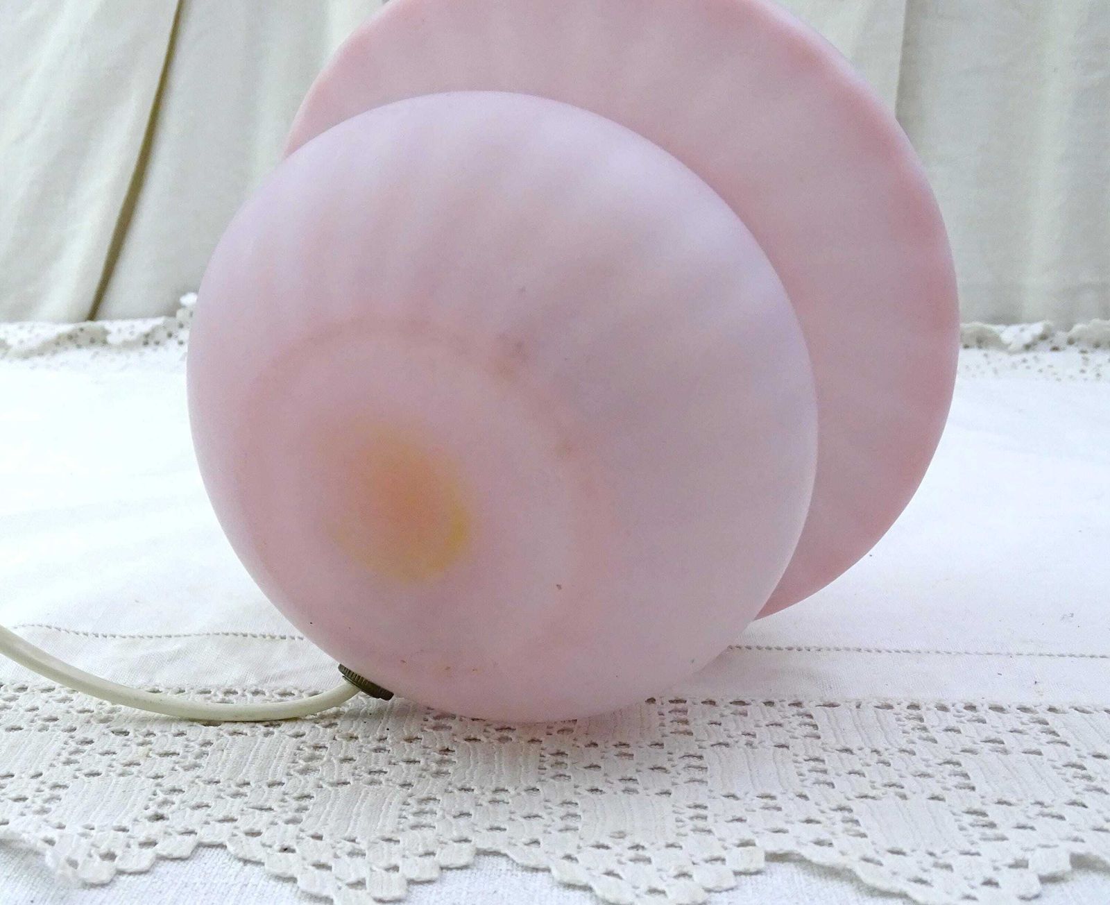 Vintage 1970s Pink Frosted Glass Mushroom Lamp, Retro Glassware Bedside Lighting In Pale Pastel Pink Color, 1980s Table Light From France photo Lighting