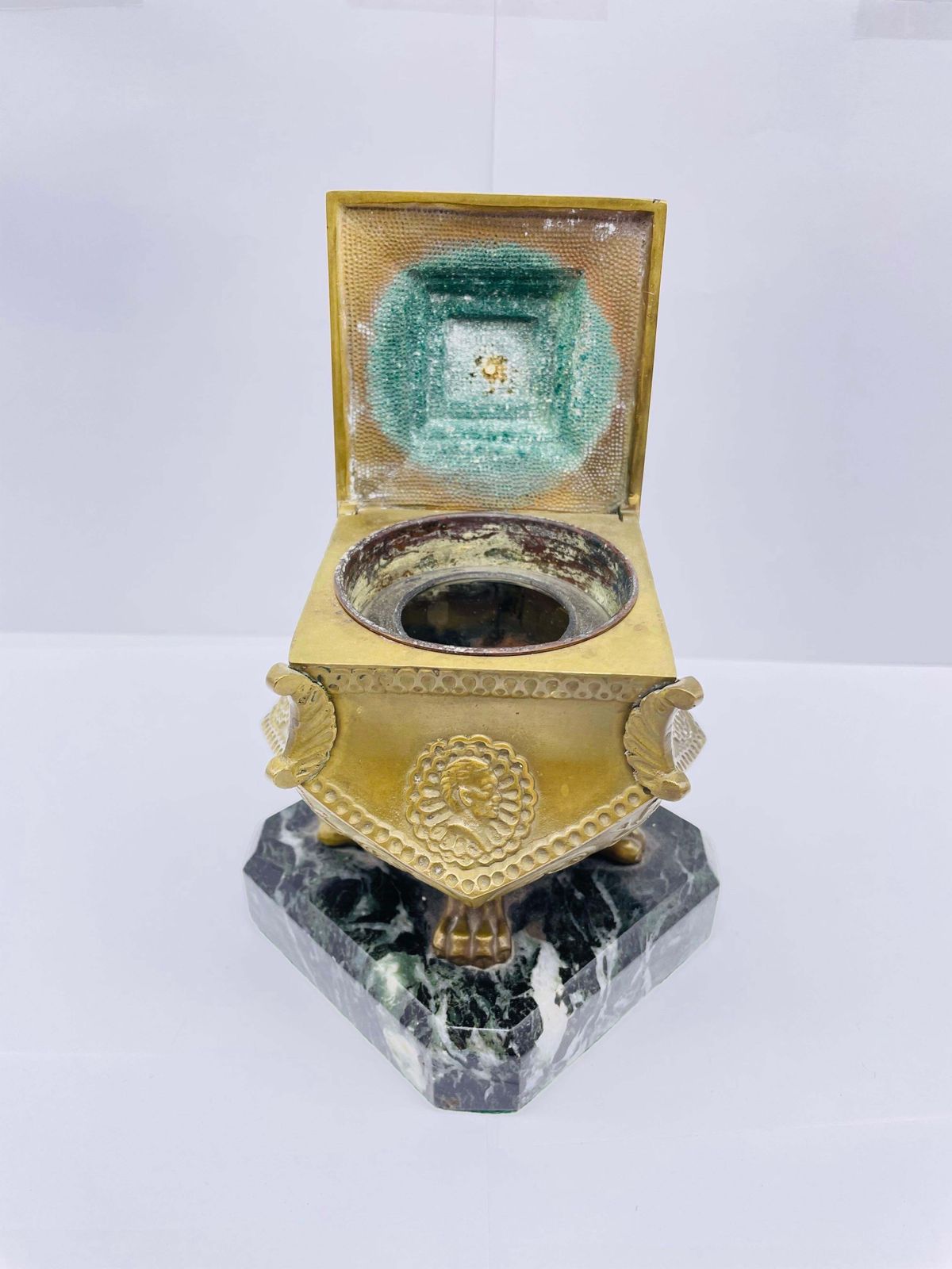 Stately Antique Brass Bronze Inkwell, Around 1880 photo for sale