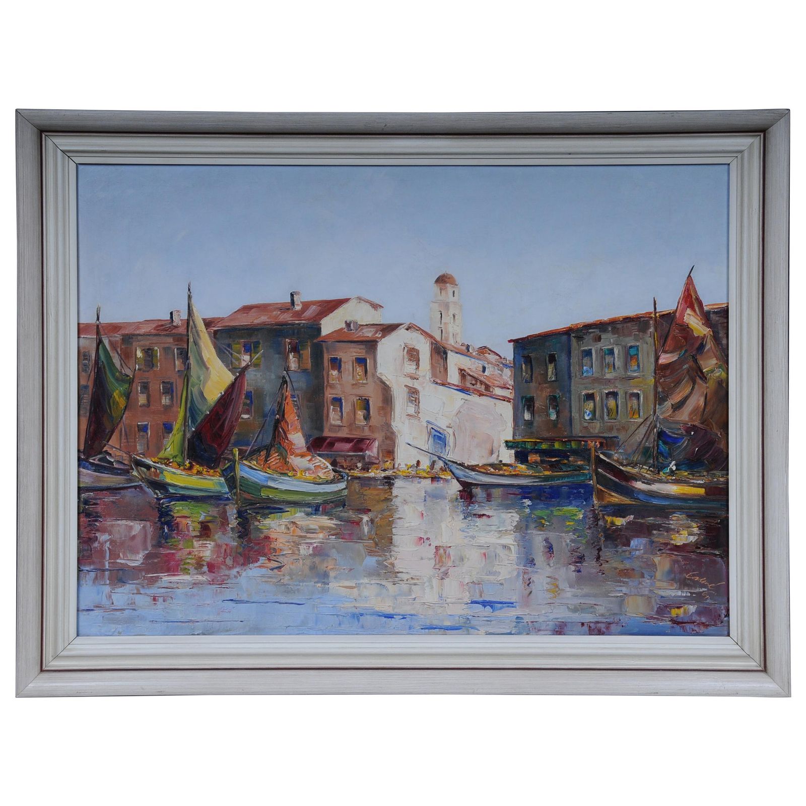 Oil Painting Fish Harbor Of St. Tropez, 20th Century