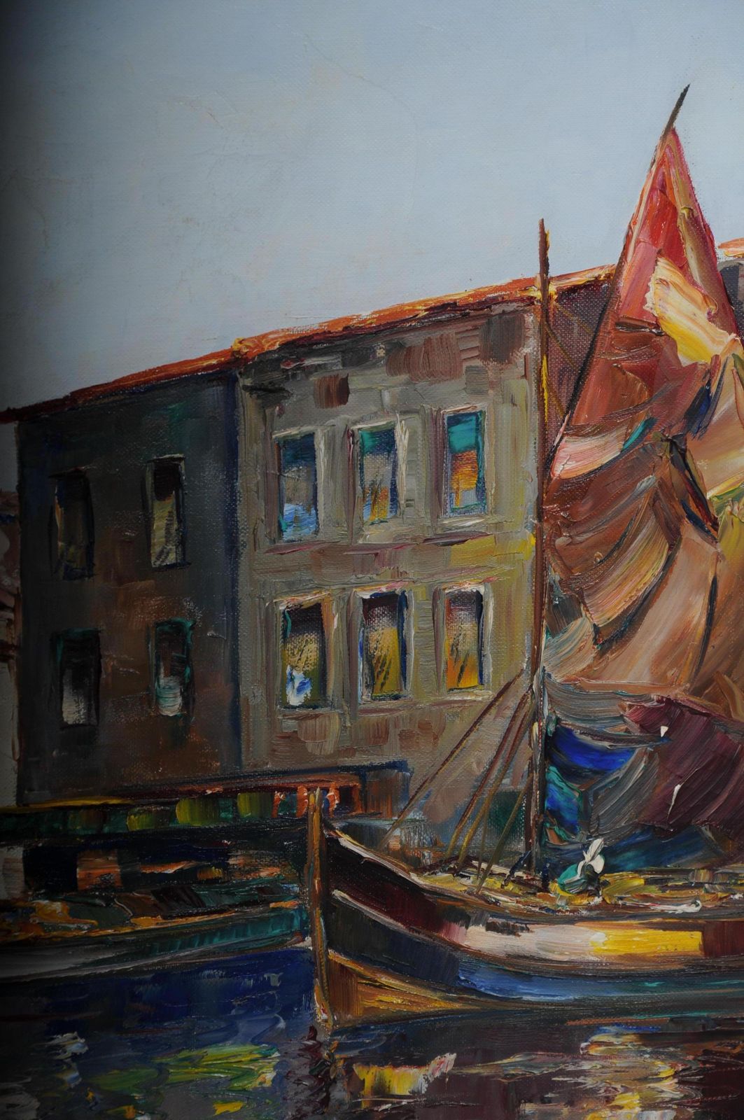 Art Oil Painting Fish Harbor Of St. Tropez, 20th Century photo