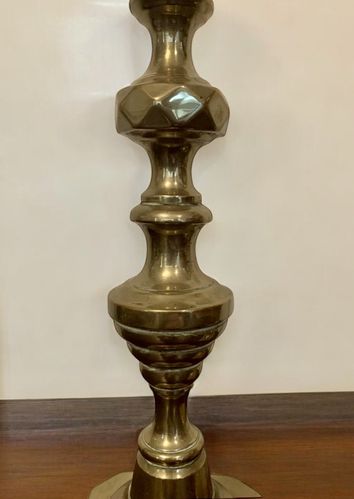 Pair Of Original Victorian Heavy Brass Quality Candlesticks With Stoppers 27cm H photo for sale