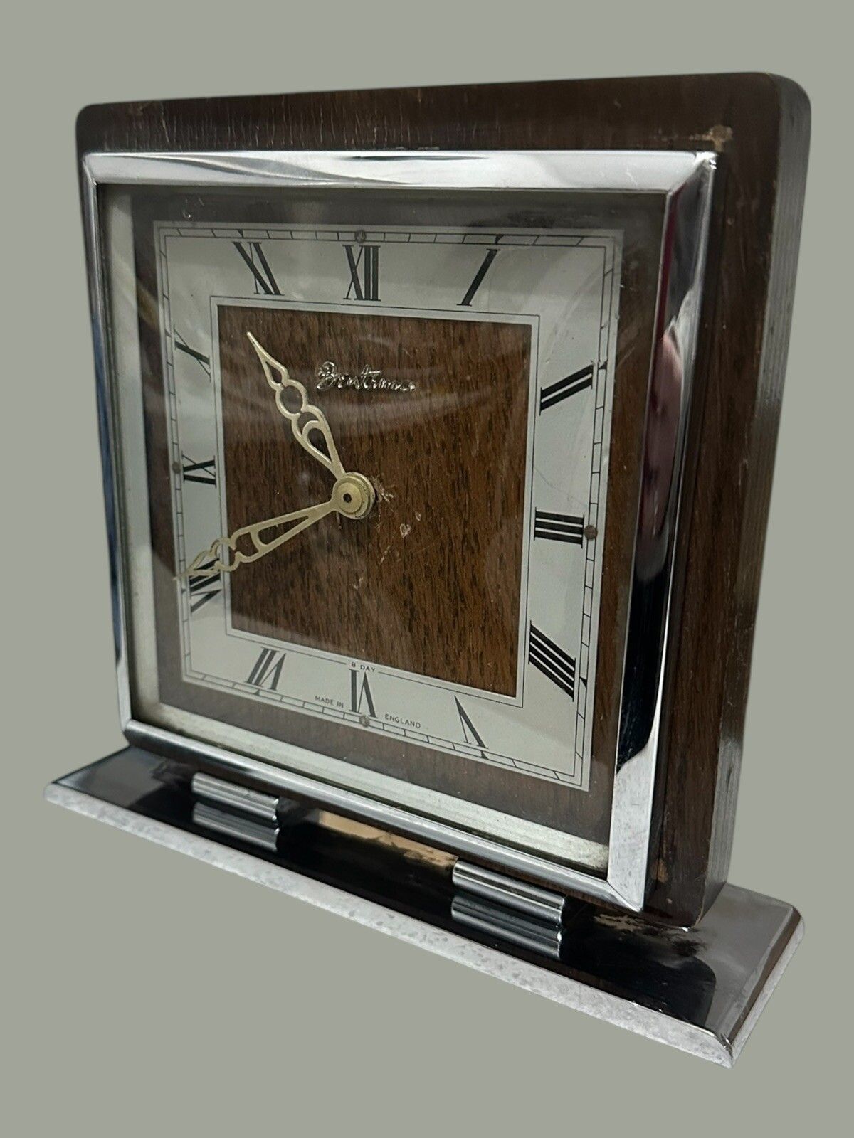 Bentima 1940’s Chrome And Oak Mechanical Mantle Clock Art Deco