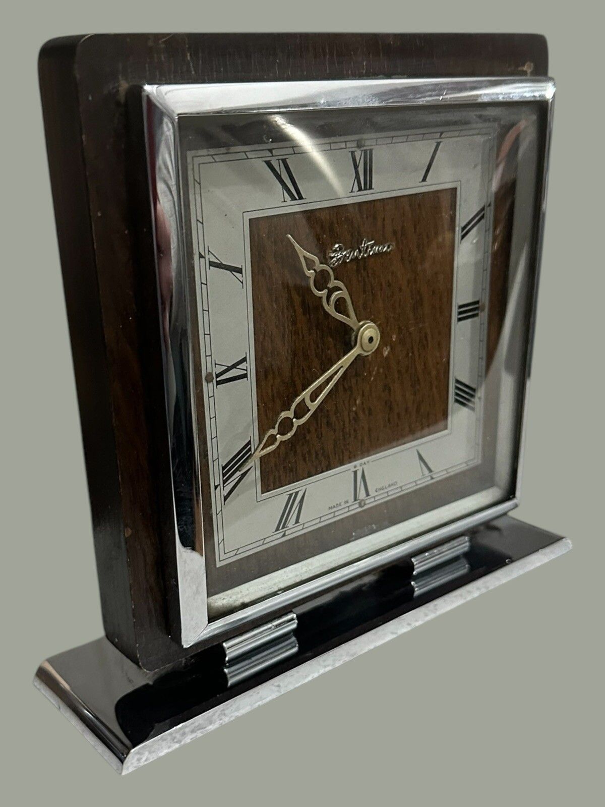 Bentima 1940’s Chrome And Oak Mechanical Mantle Clock Art Deco photo for sale