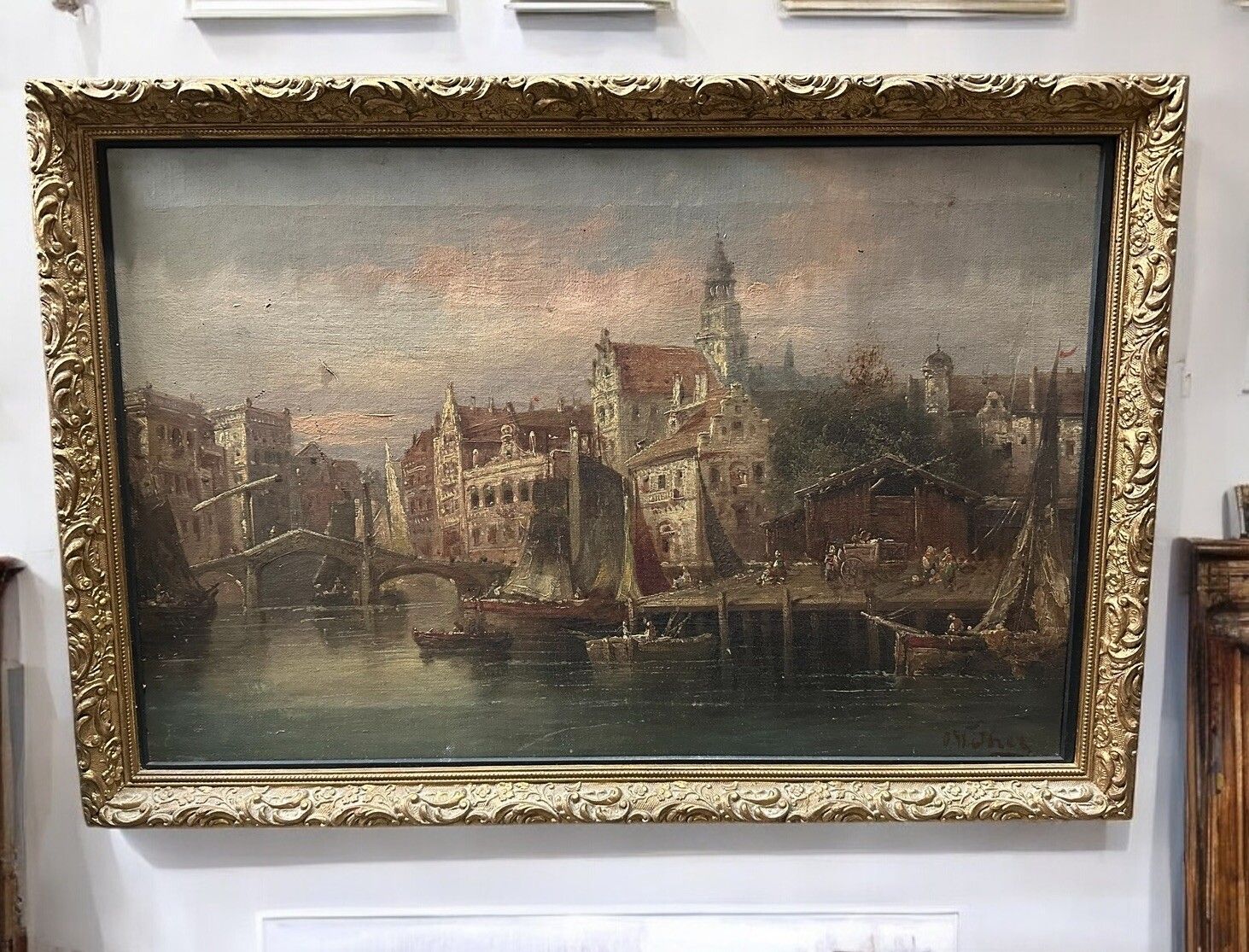 19th Century Oil Painting, Amsterdam Canal Scene Signed By Artist photo furniture