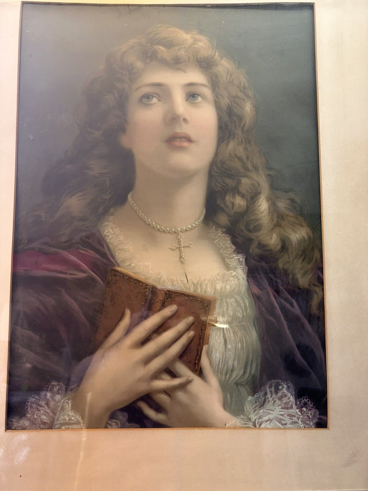 Portrait Young Woman With A Pearl Necklace And Cross And Bible Antique Print photo furniture