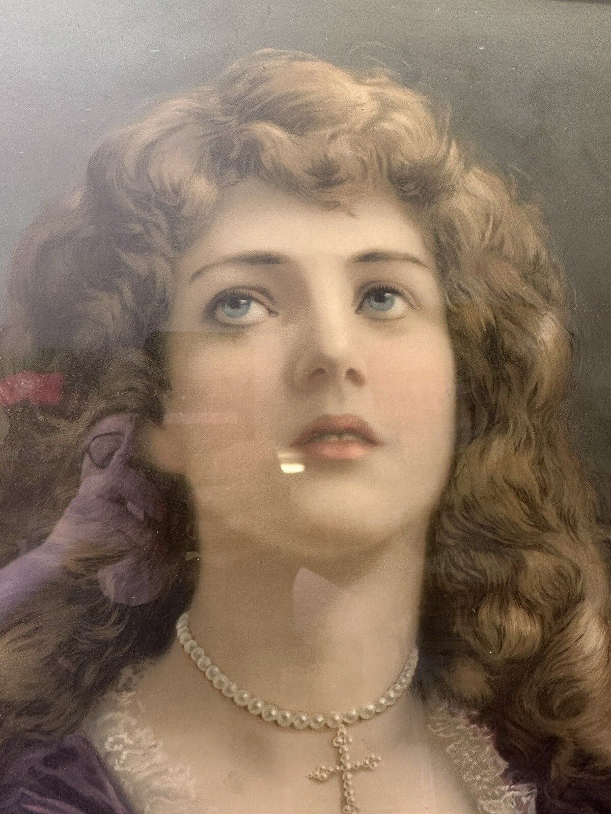 Portrait Young Woman With A Pearl Necklace And Cross And Bible Antique Print photo Art