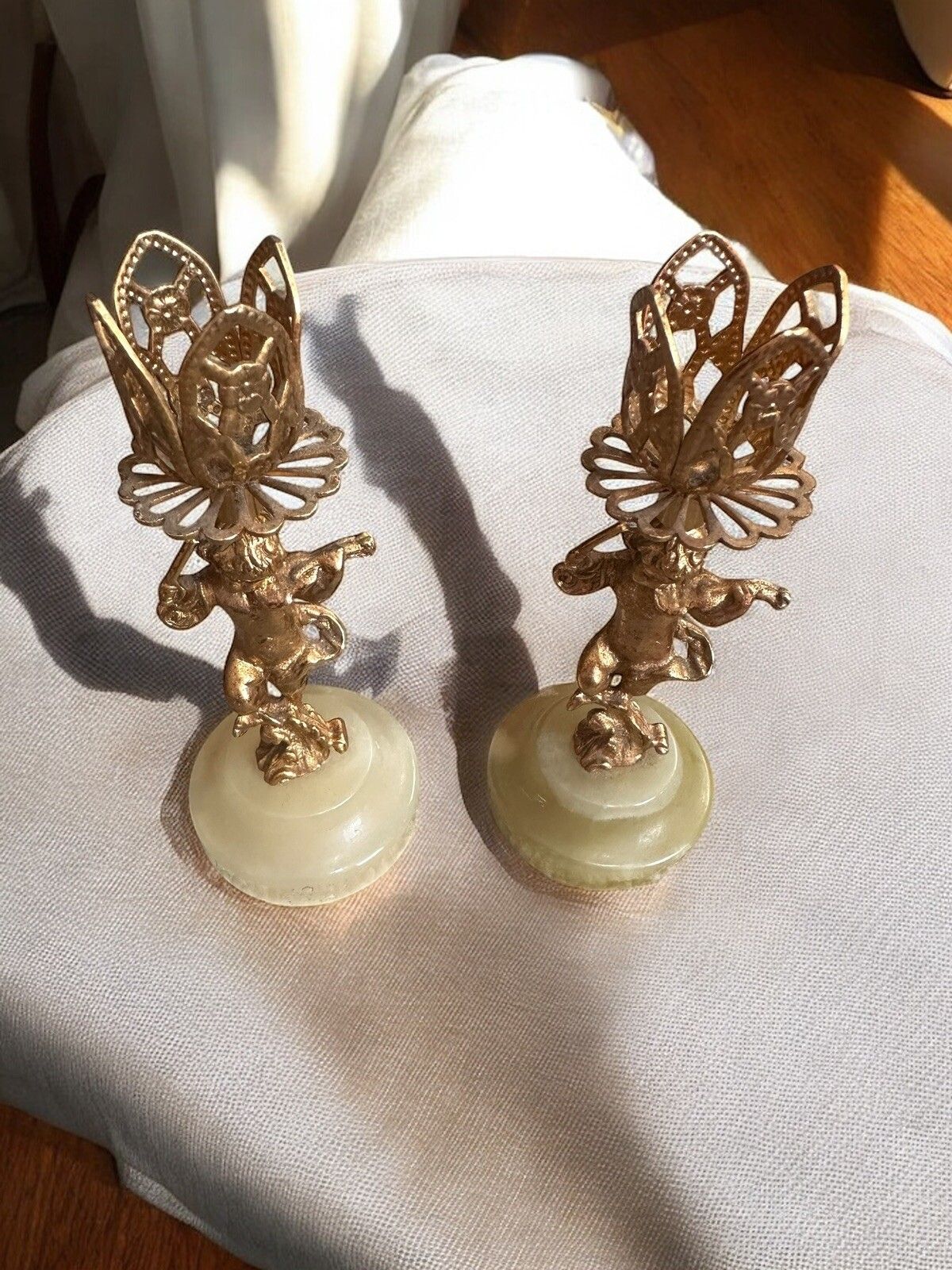 Mid Century Azizoff London Cherub  Marble Onyx Gold Gilt Candle Holders photo for sale