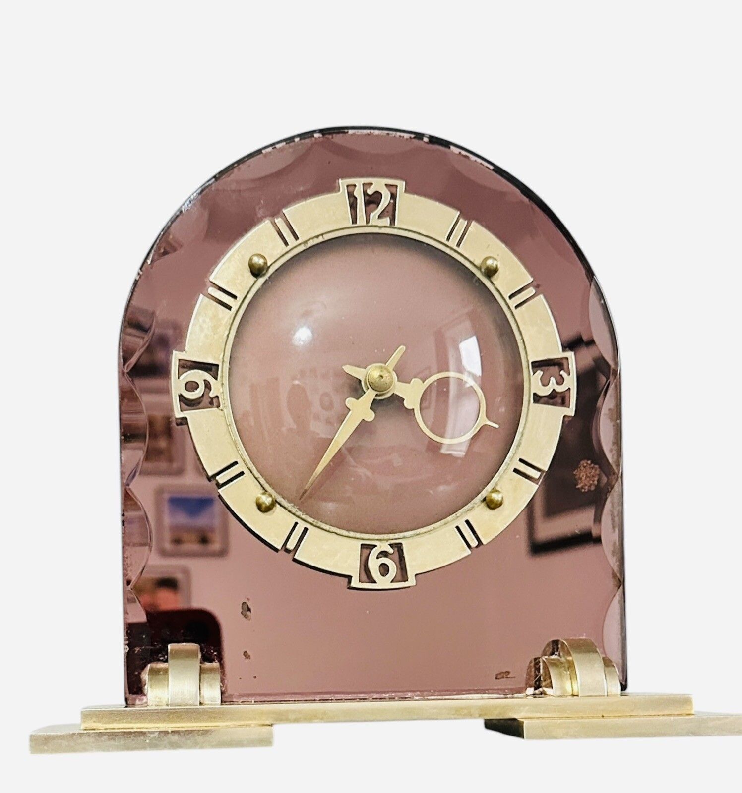 Art Deco Peach Mirror Glass & Brass Clock, English, C1930 photo Home Decor