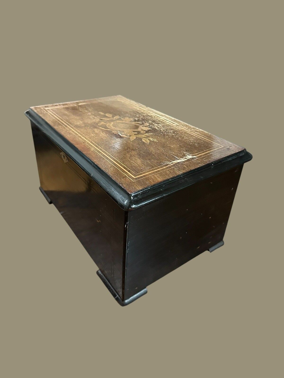 Antique Continental Marquetry Inlay Music Box photo for sale