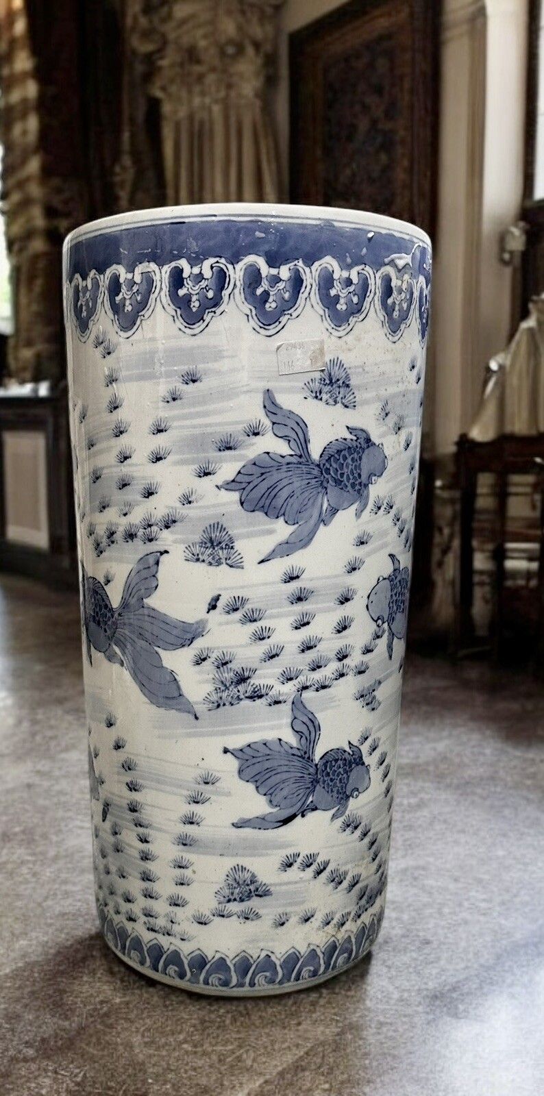 20th Century Chinese Blue & White Carp / Fish Cylinder Umbrella Stick Stand 18” photo furniture