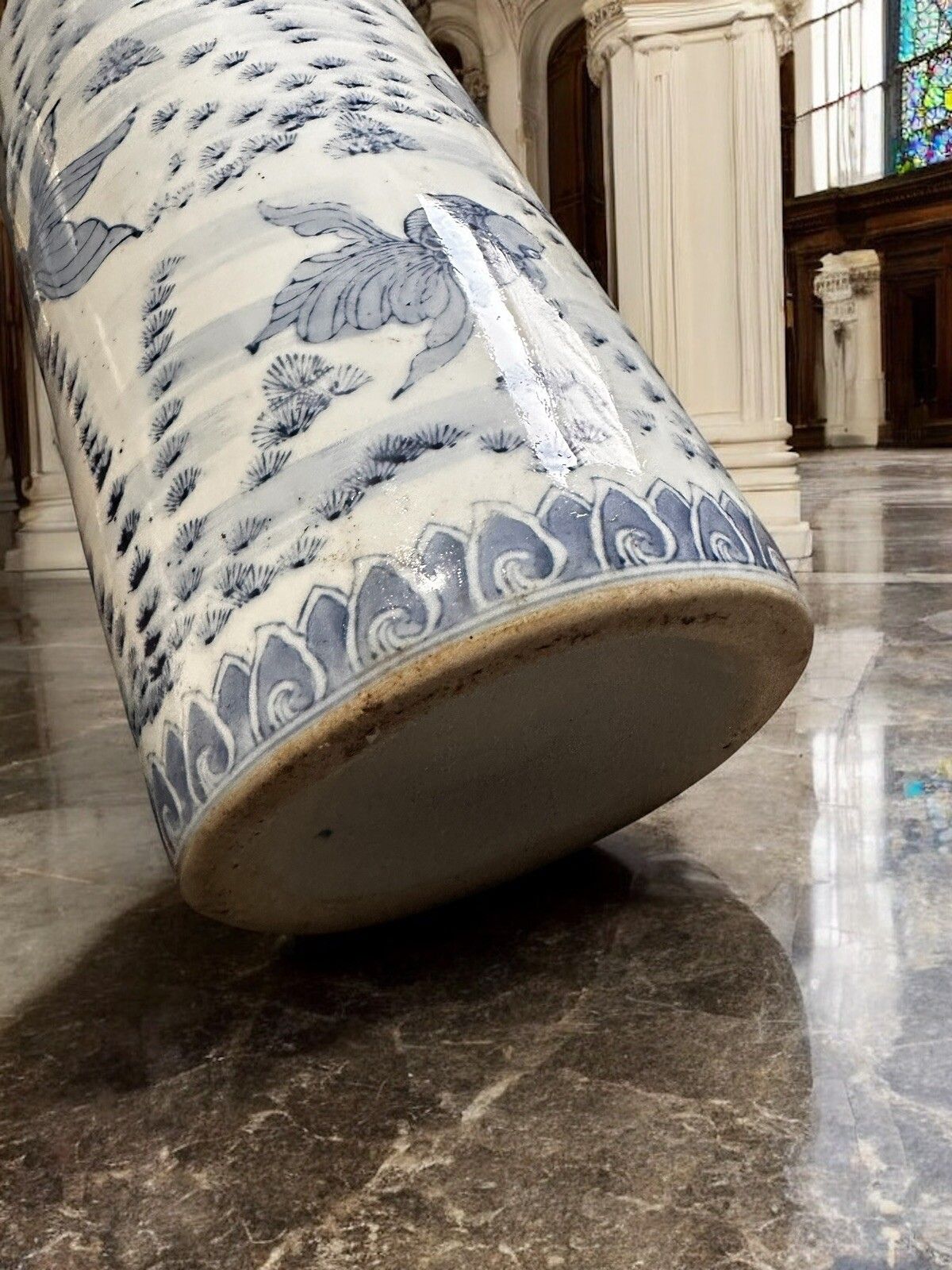 20th Century Chinese Blue & White Carp / Fish Cylinder Umbrella Stick Stand 18” photo 150.0