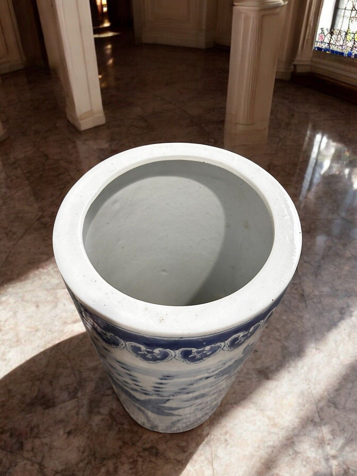20th Century Chinese Blue & White Carp / Fish Cylinder Umbrella Stick Stand 18” photo vinterior