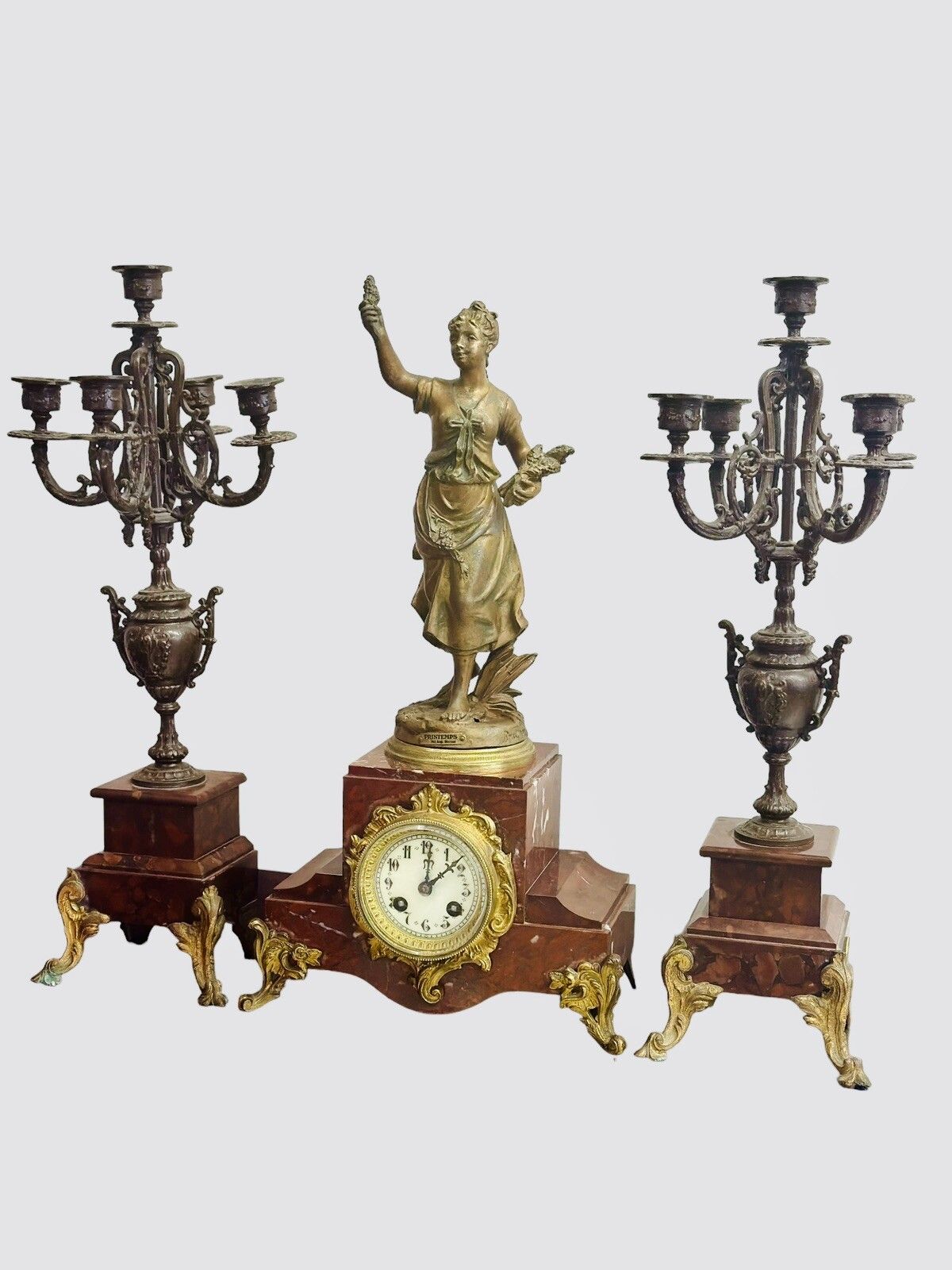 19th Century French Rouge Marble Mantel Clock With Candelabra Garnitures photo for sale