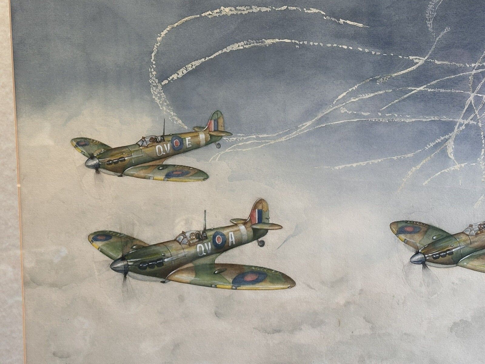 Large Original Watercolour Painting Of Spitfires Signed By Artist 89cm By 64cm photo 95.0
