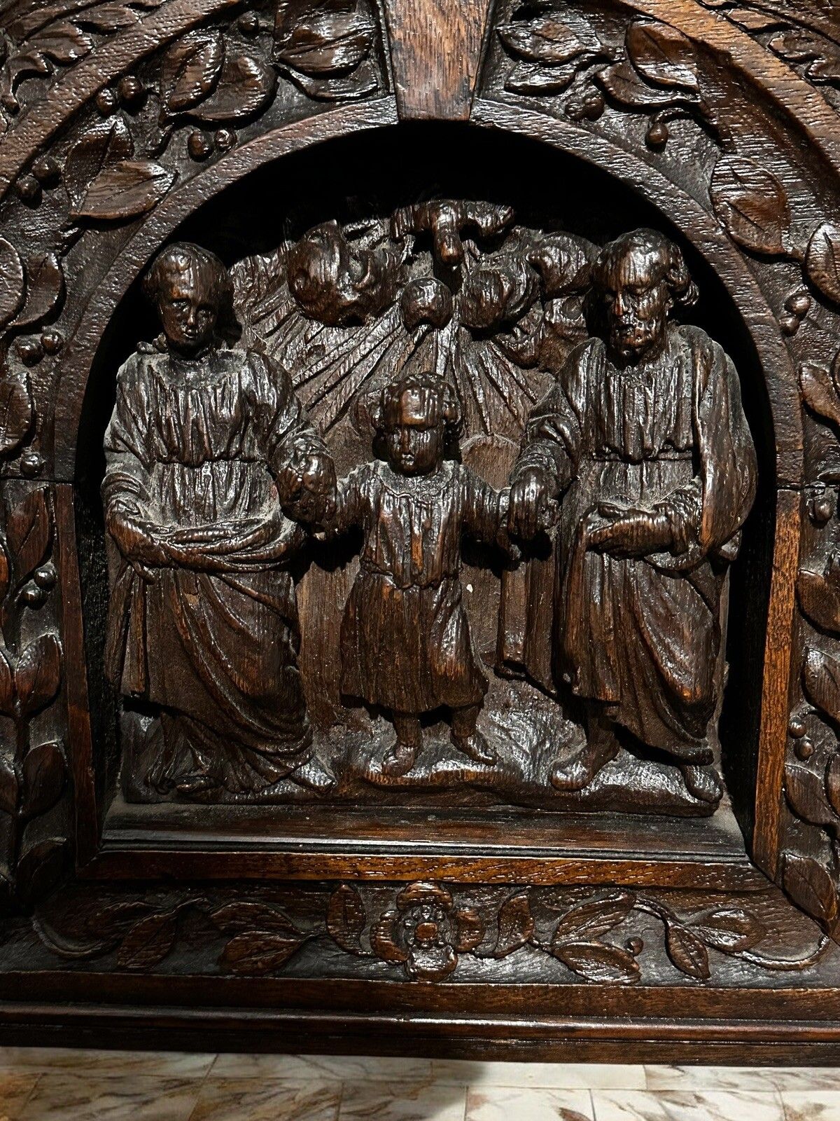 16th Century Carved Oak Religious Panel Of The Holy Family photo 350.0