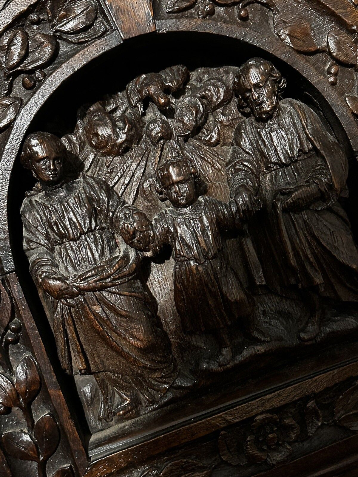 16th Century Carved Oak Religious Panel Of The Holy Family photo vintage