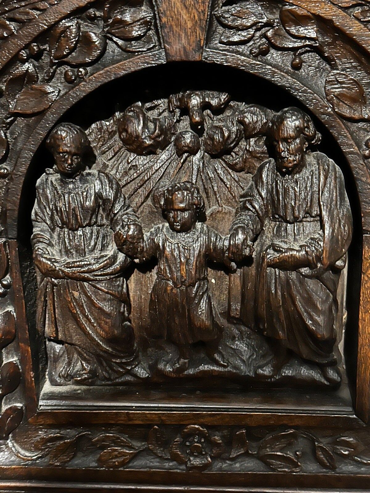 photo furniture 16th Century Carved Oak Religious Panel Of The Holy Family