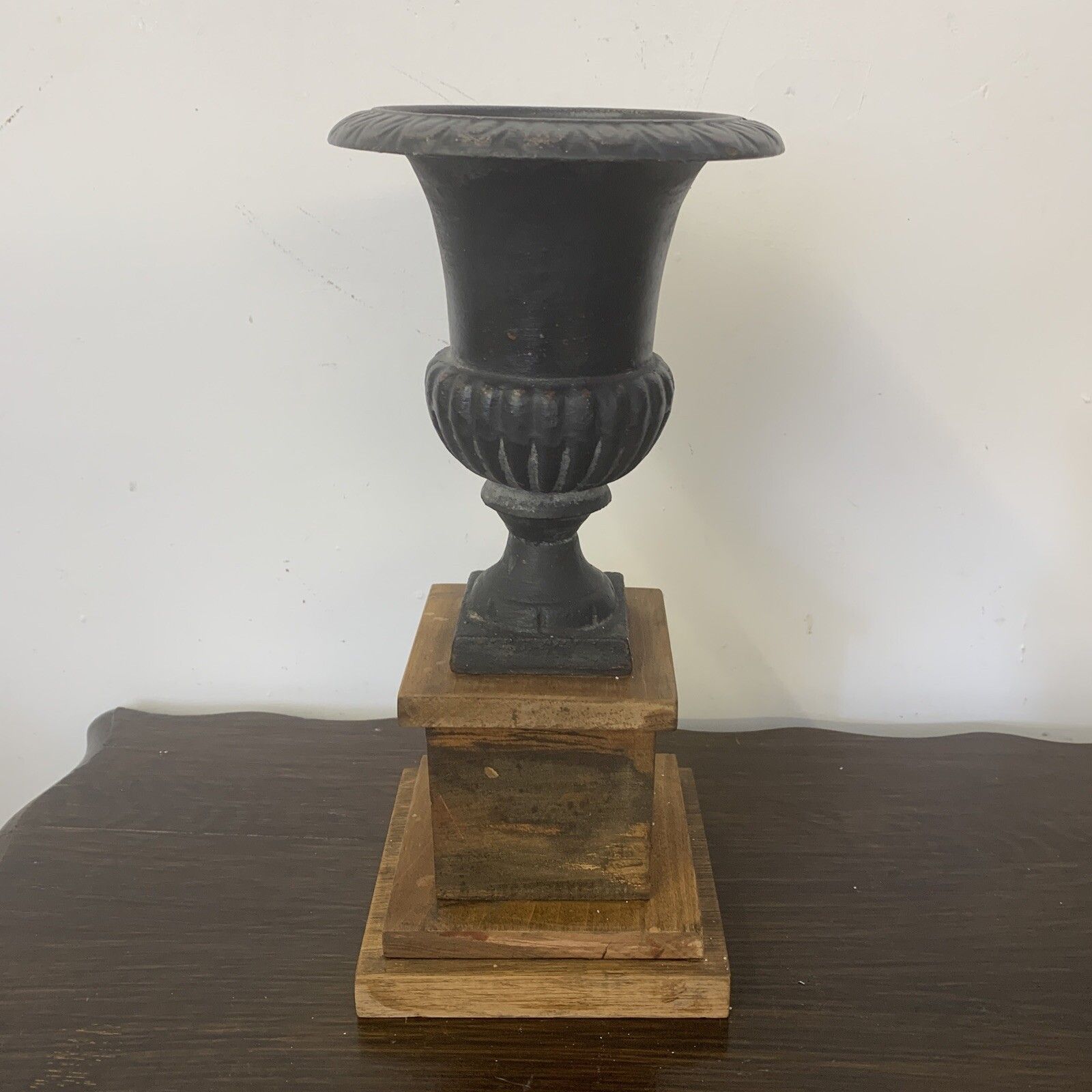 Antique Vintage Cast Iron Miniature Medici Urn On Wooden Plinth