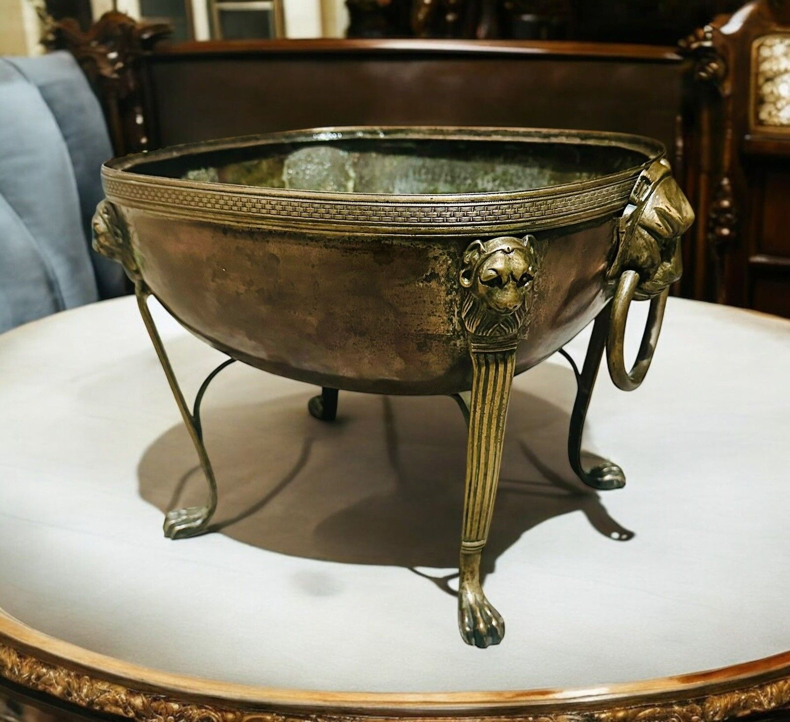 Antique Copper And Brass Footed Lion Head Wine Cooler Tazza Grand Tour