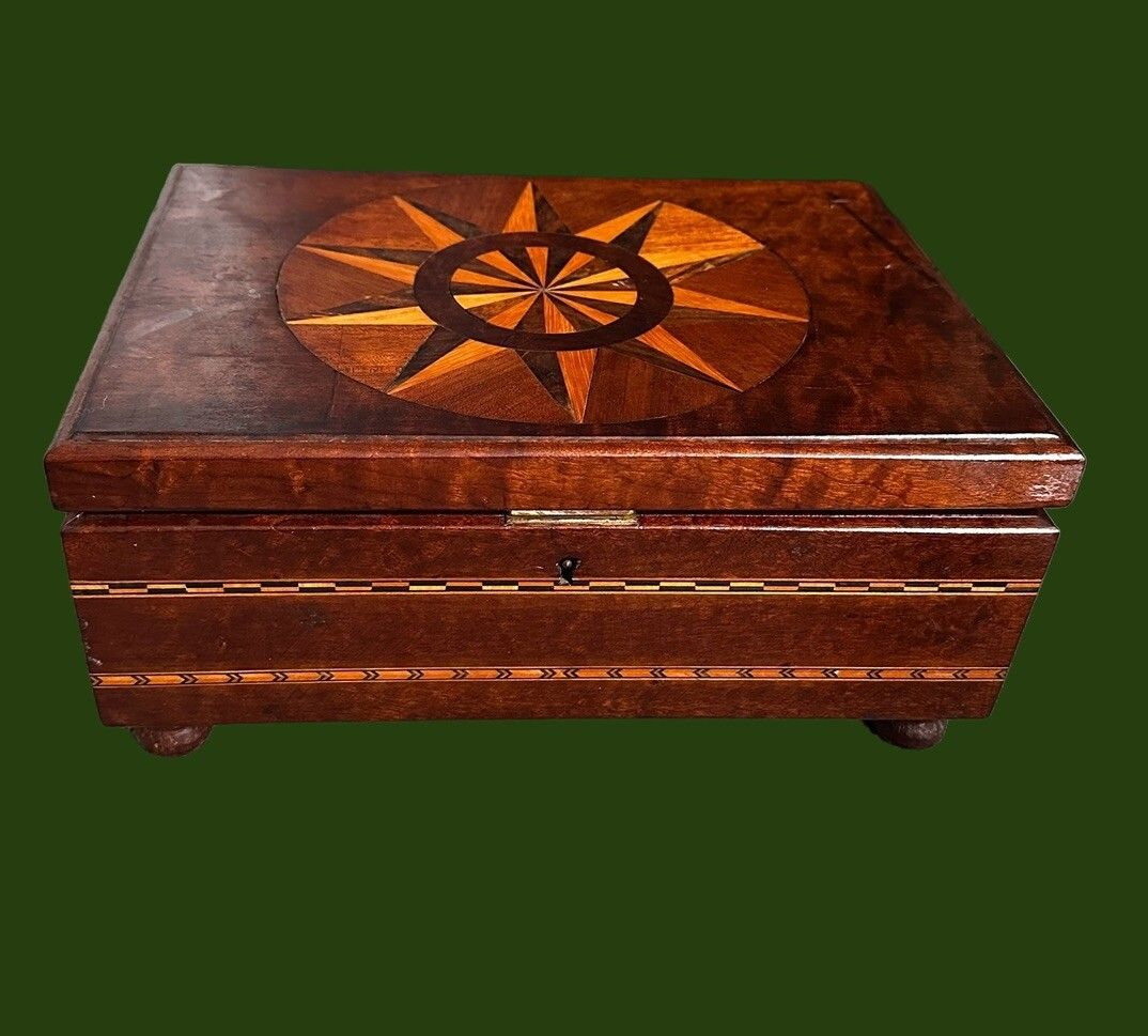 Gorgeous Antique Wooden Box Inlaid Marquetry With Compass Detail photo furniture