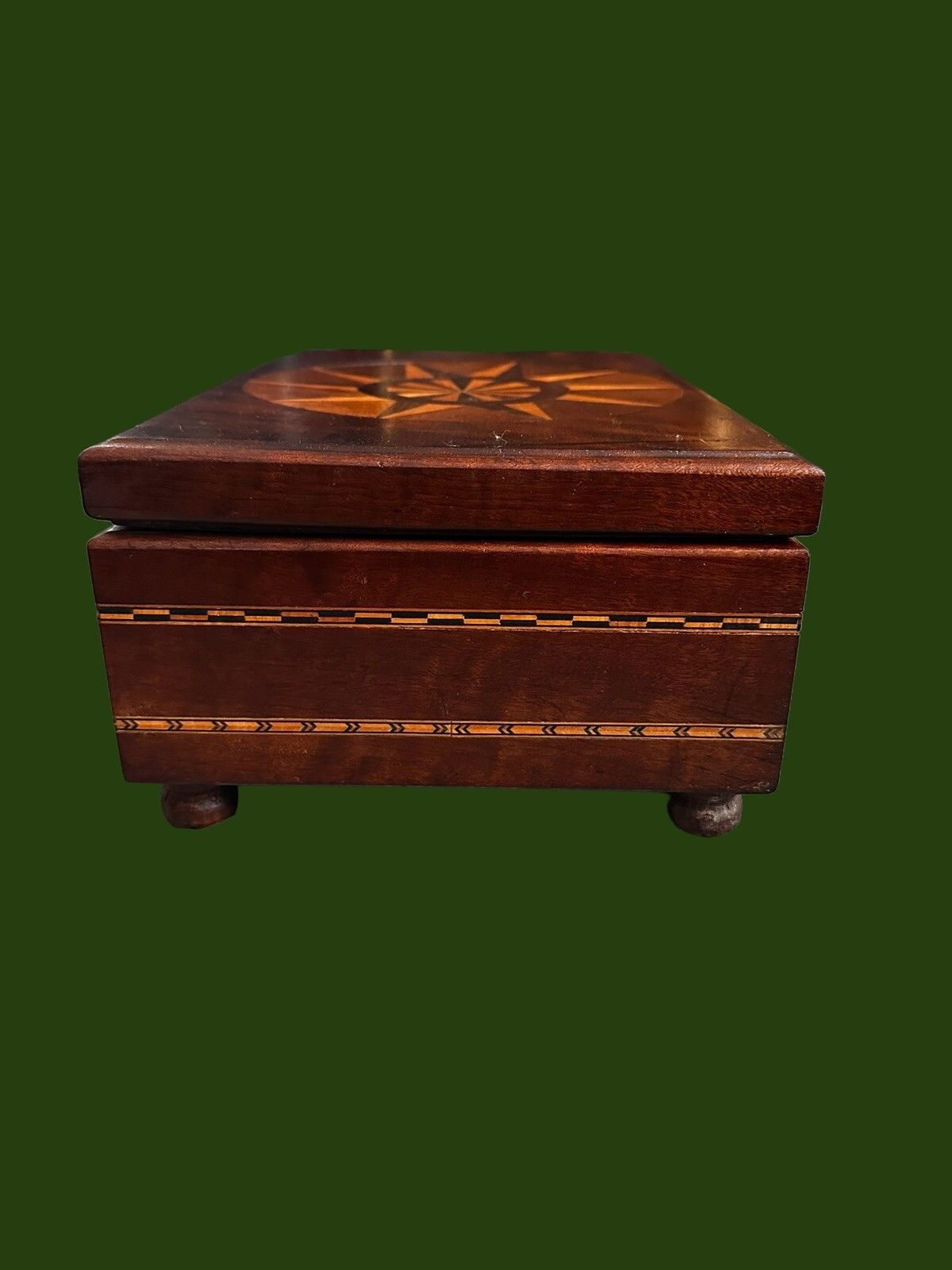 Gorgeous Antique Wooden Box Inlaid Marquetry With Compass Detail photo buy