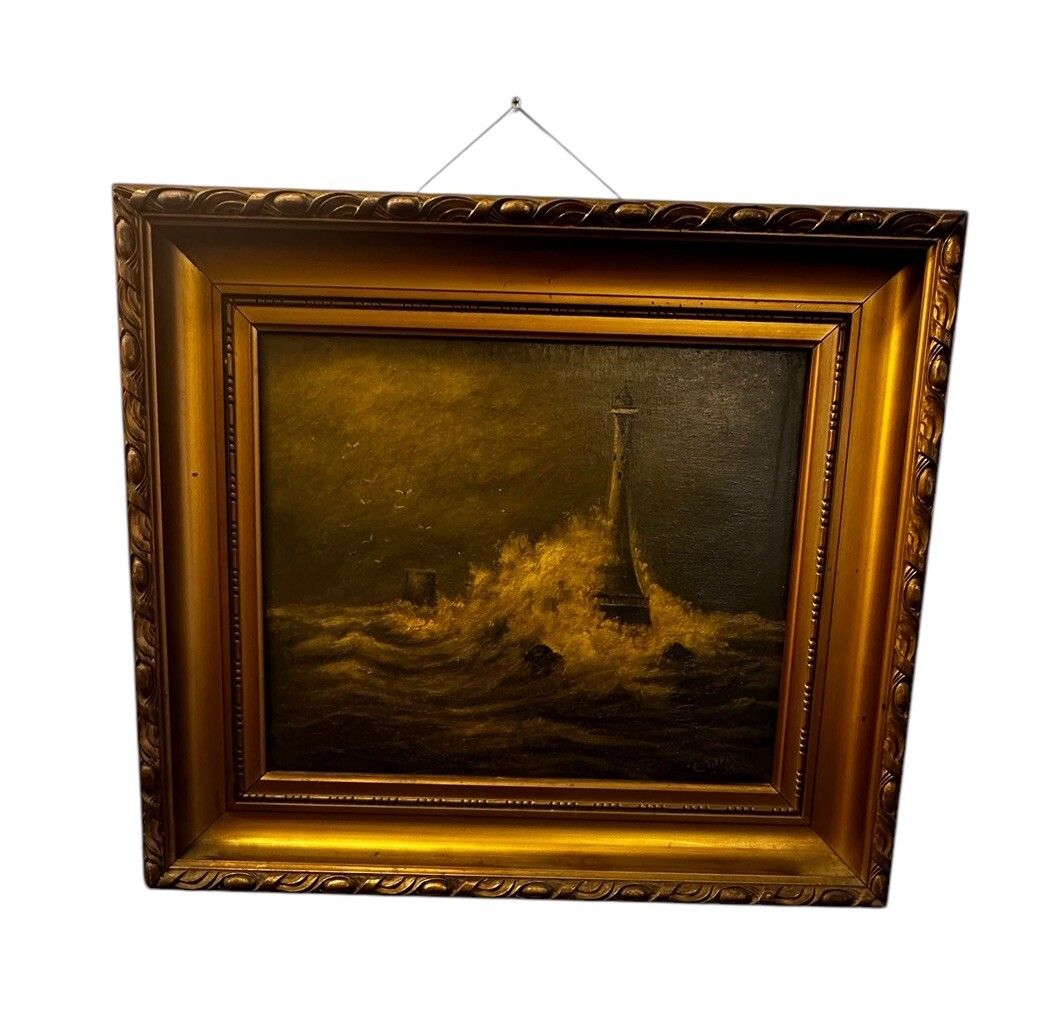 C1920’s Listed Artist C Tipper Oil On Canvas Painting  Lighthouse Nautical photo Art