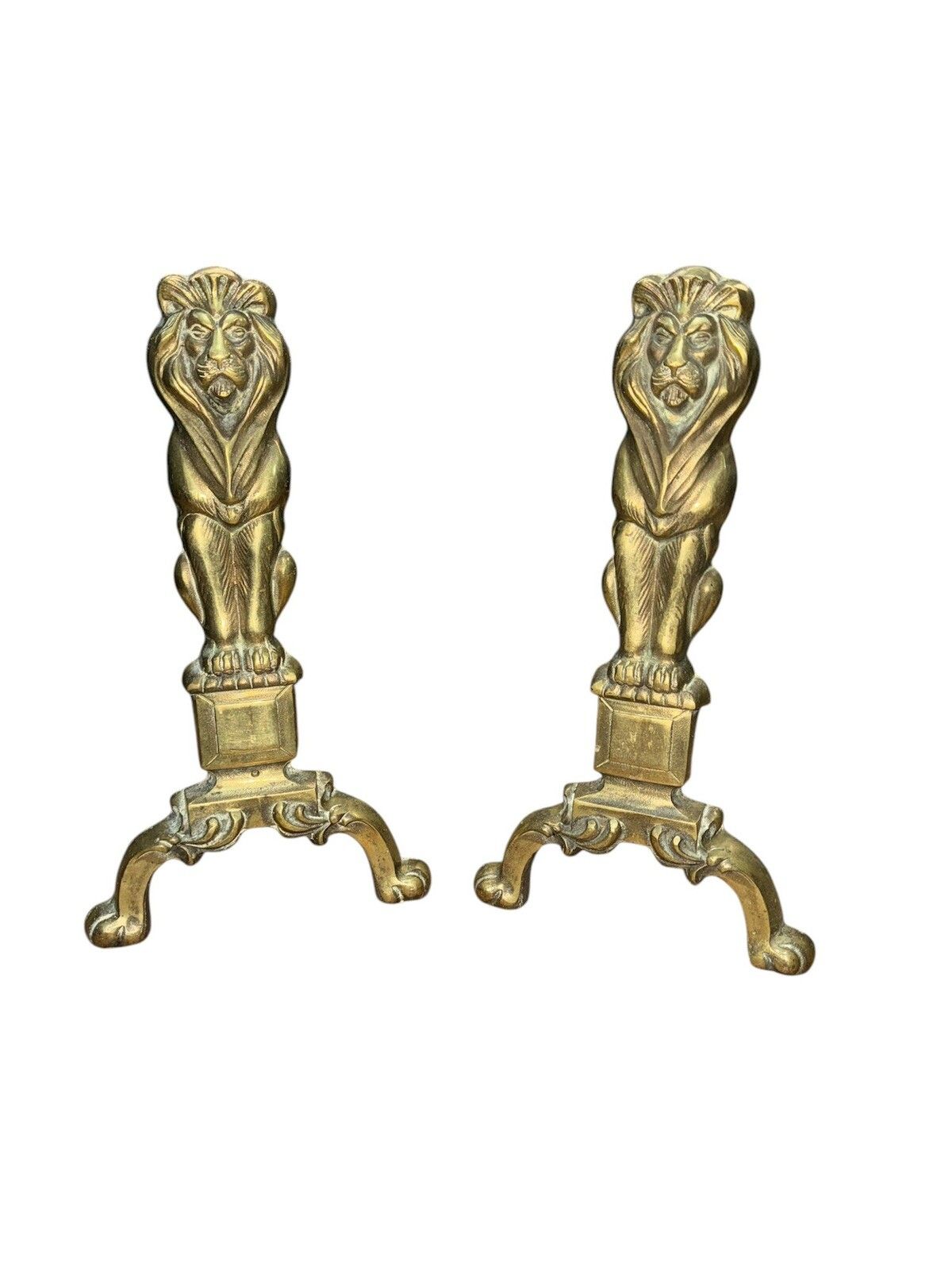 Pair Of Victorian English Brass Lion Andirons Fire Set Country House photo for sale