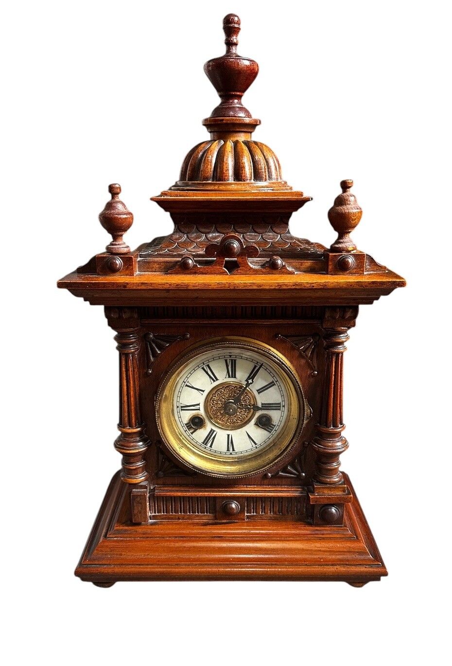 A Late 19th Century German Walnut Finial Mantle Clock Hac Gorgeous