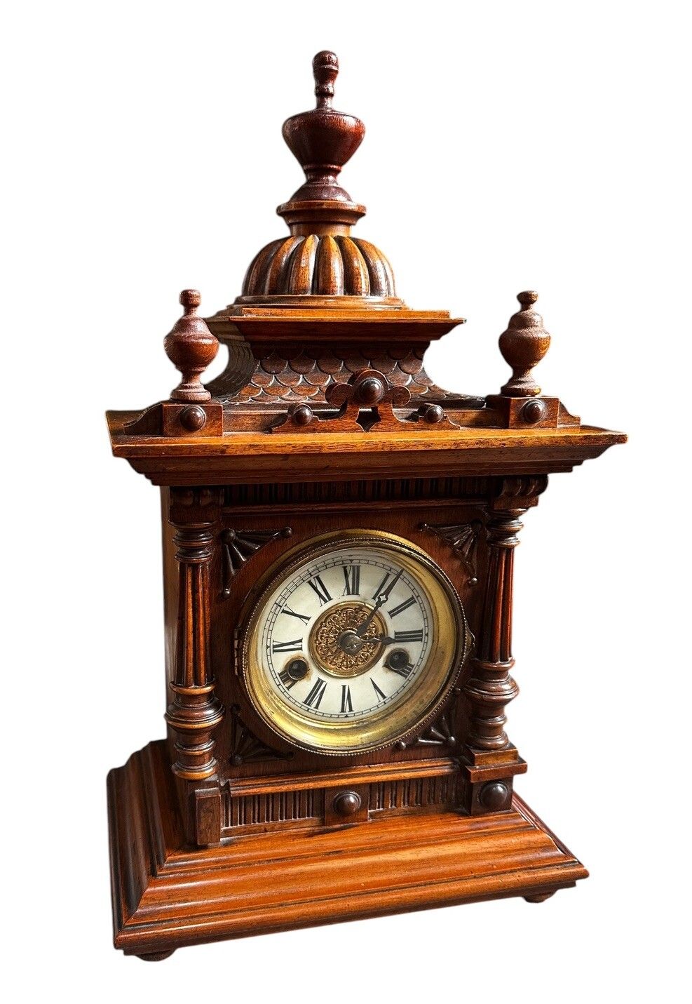 A Late 19th Century German Walnut Finial Mantle Clock Hac Gorgeous photo furniture