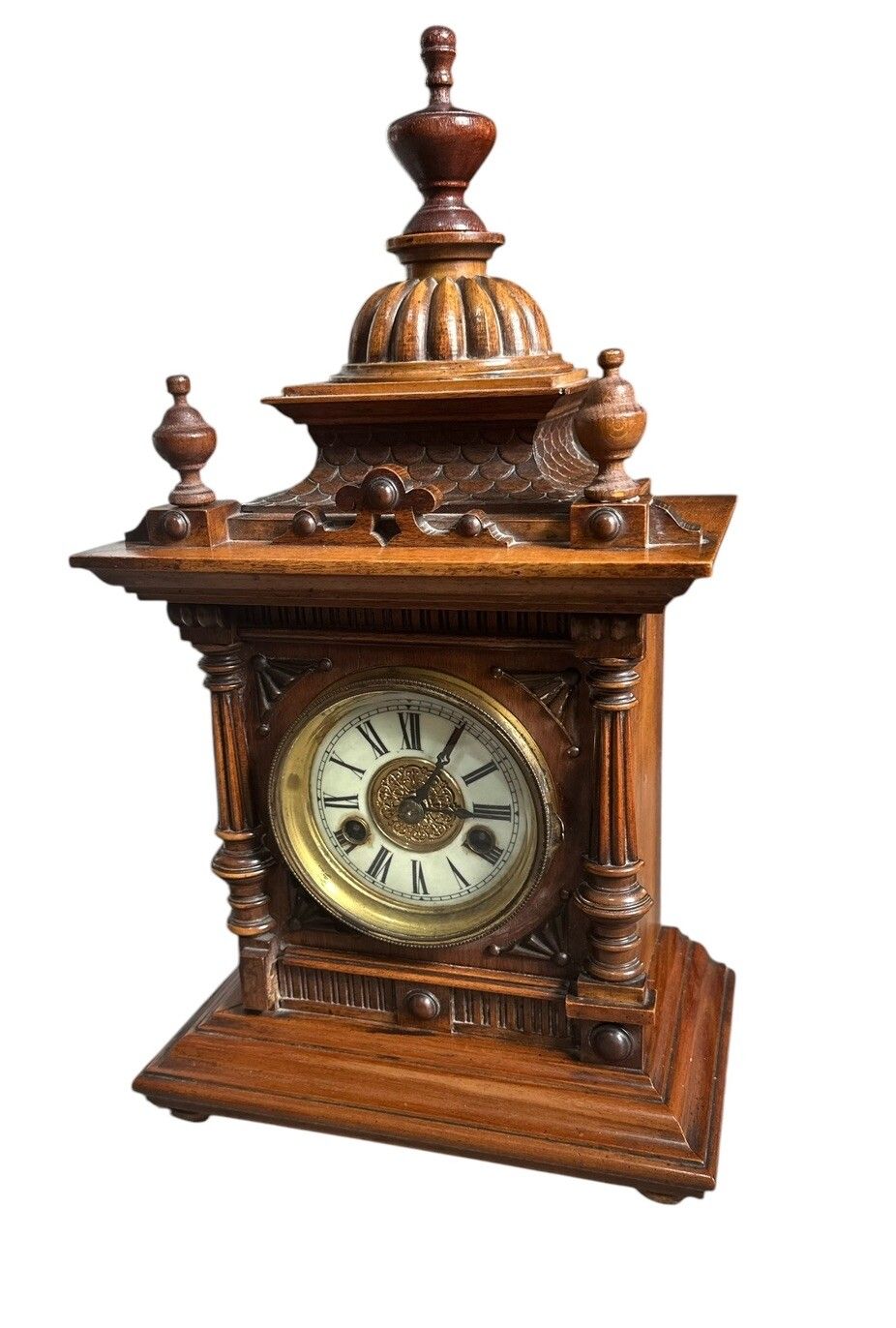 A Late 19th Century German Walnut Finial Mantle Clock Hac Gorgeous photo for sale