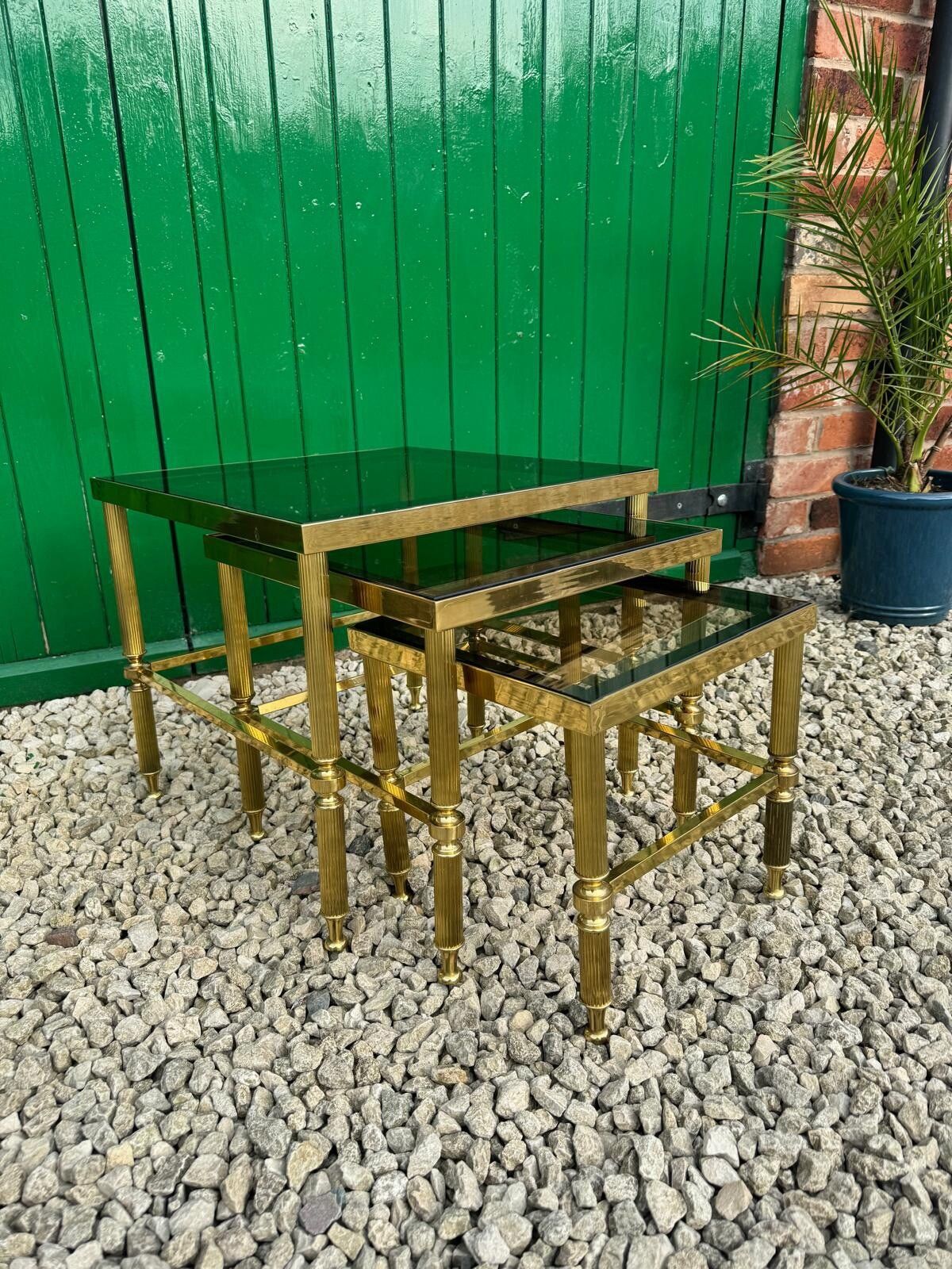Mid Century Brass & Glass Nest Of Tables On Castors Art Deco Style