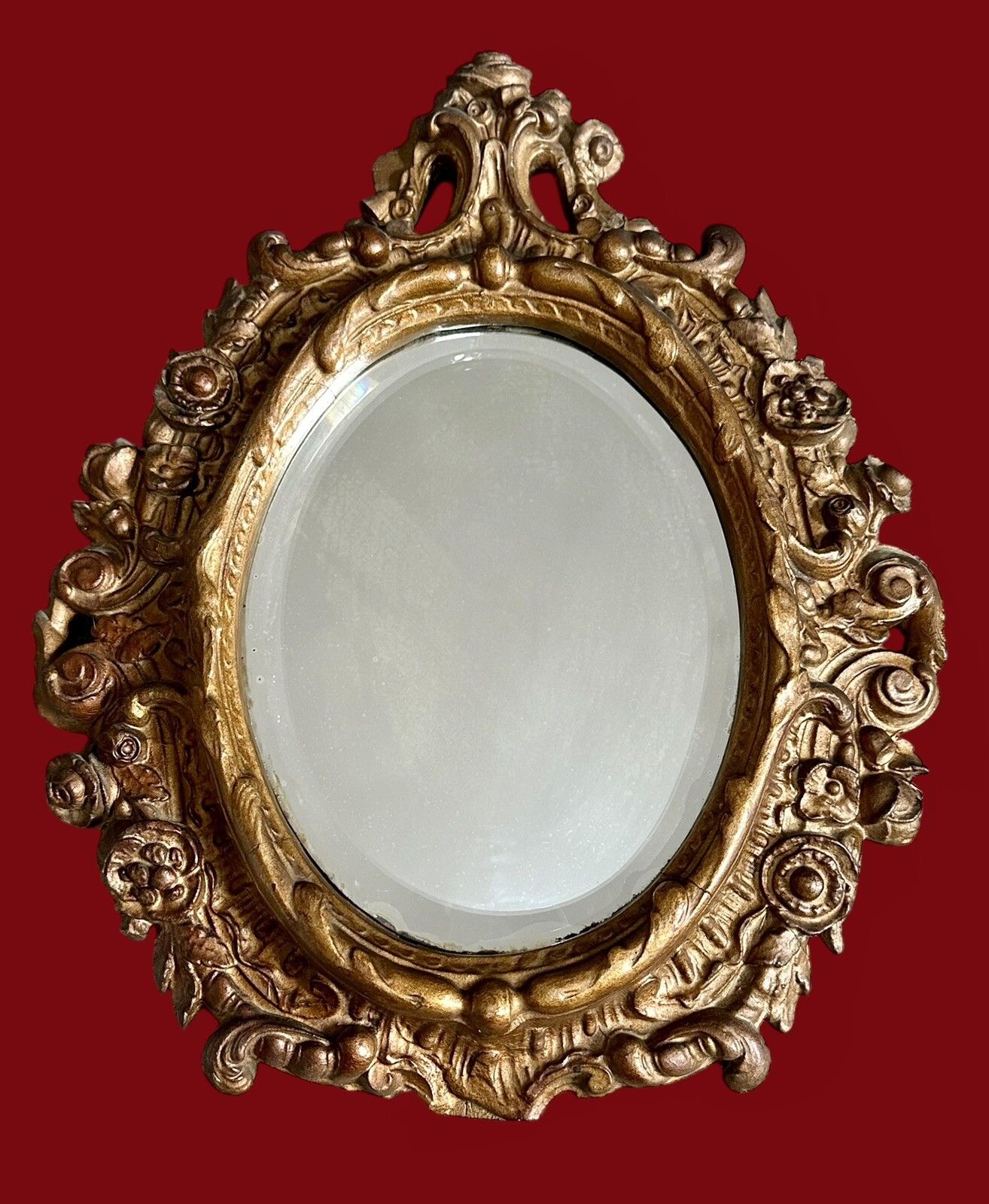 19th Century Baroque French Gilt Rococo Mirror Bevelled Glass Oval Beauty