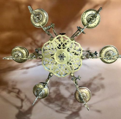 19th C Gothic Revival Baroque Six Arm Large Chandelier Heavy Brass photo furniture