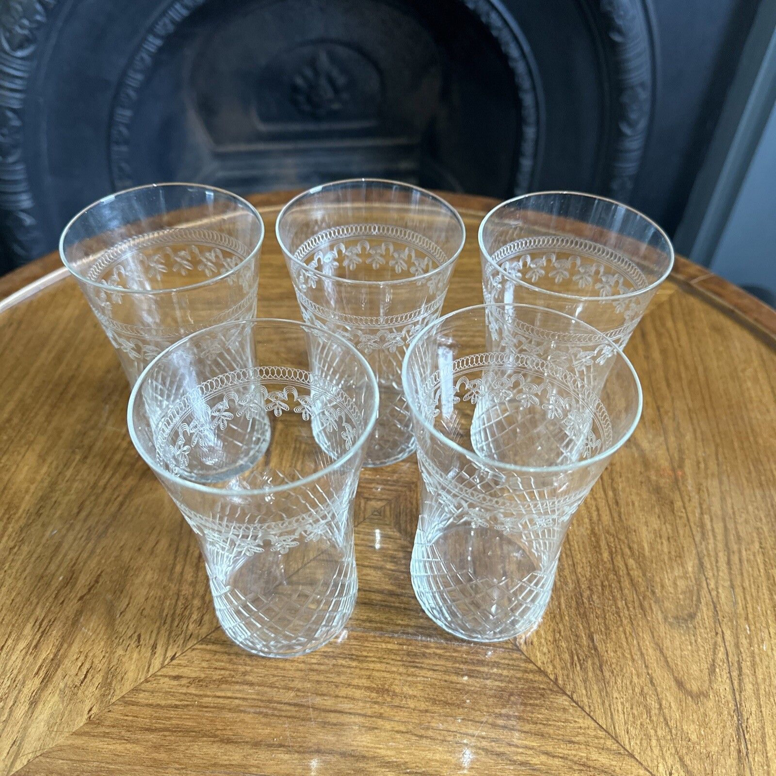 Edwardian Pall Mall Lady Hamilton Etched Whisky Tumblers Glass Set Beautiful photo furniture