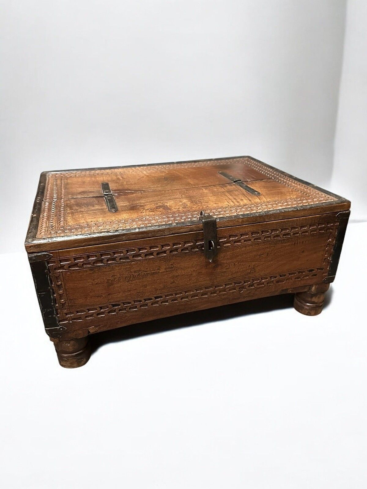 Anglo Indian Carved Wood Dowry Chest photo for sale
