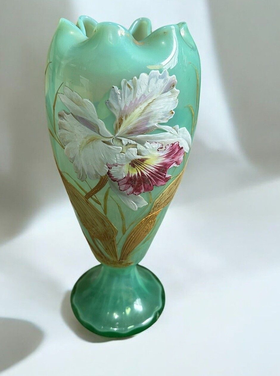 Large Art Nouveau Vase Mouth Blown Art Glass . 1880 1900 Floral Enamel Paint photo furniture