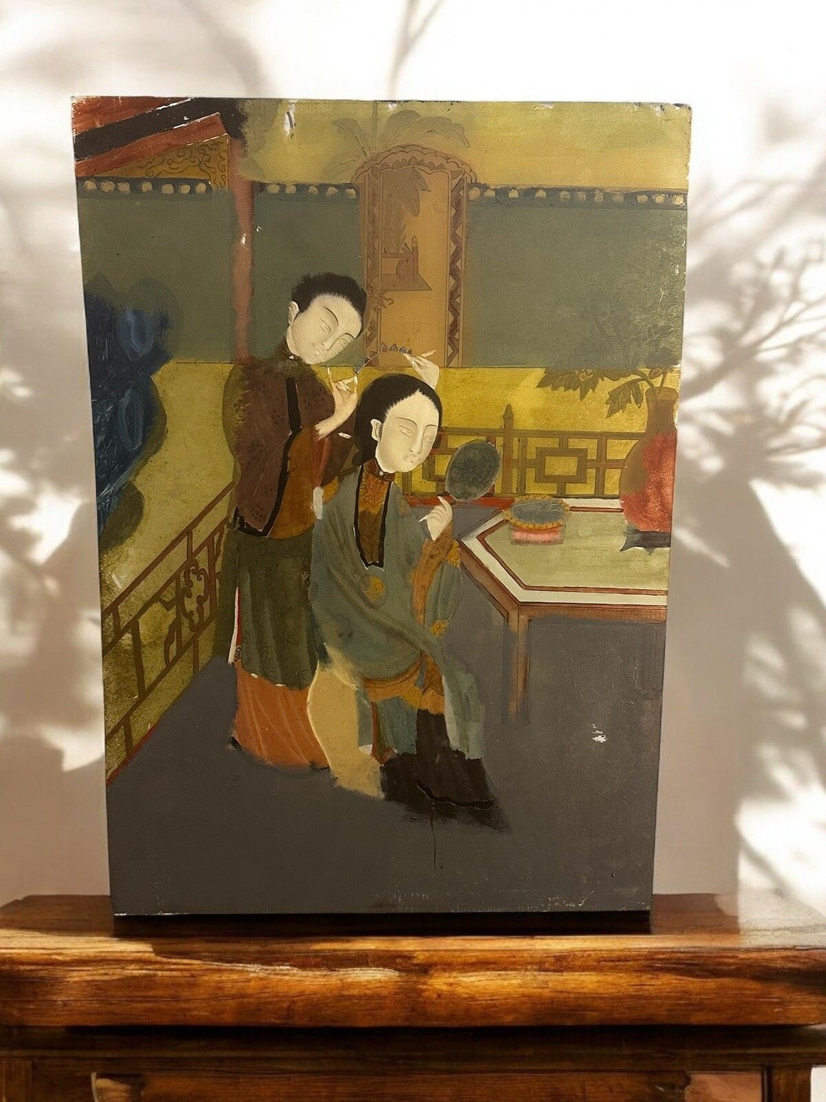 19th C Oriental Japanese Reverse Painting On Glass 51cm By 36cm photo for sale