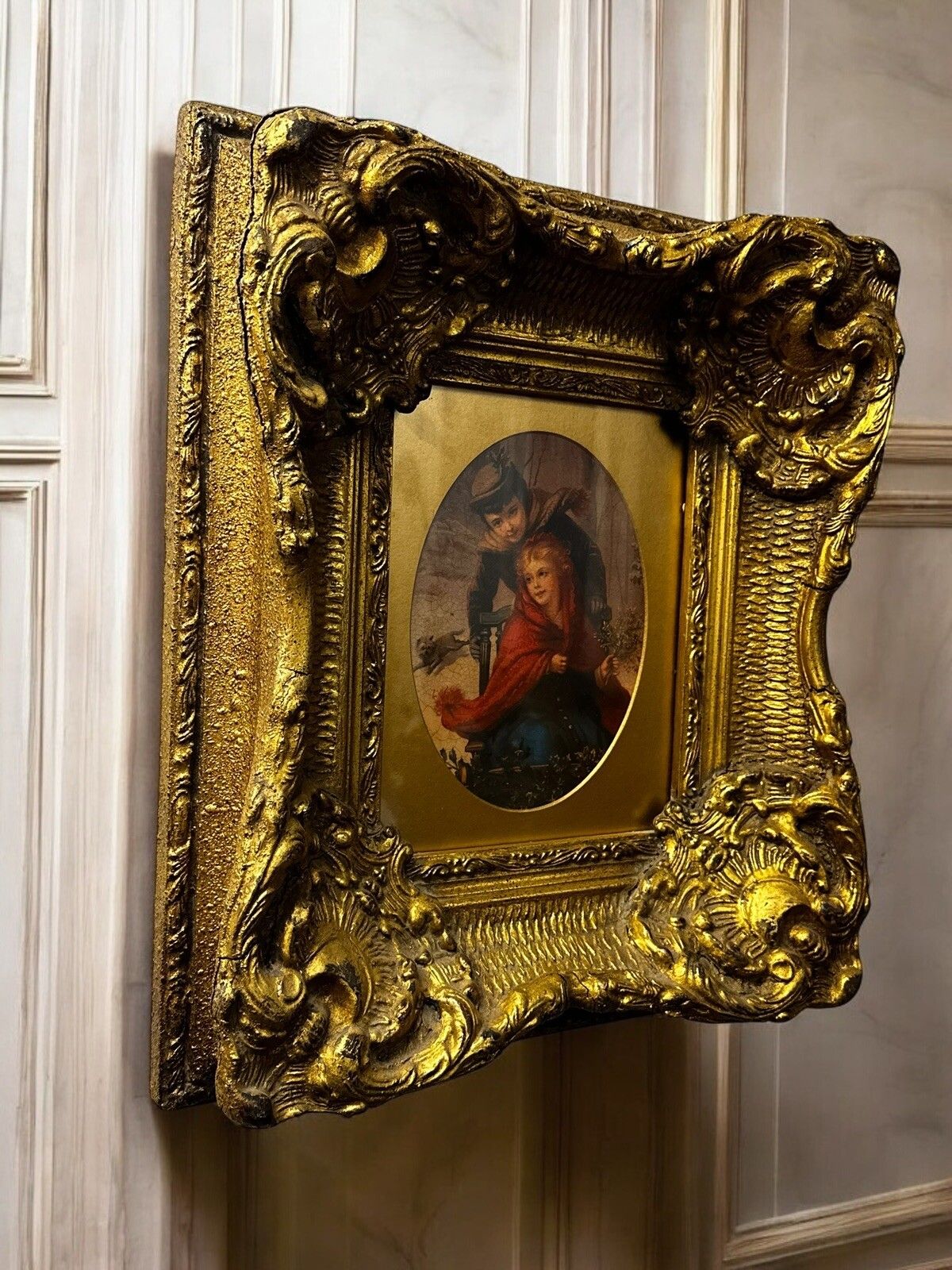 Gorgeous Vintage Lithograph Print In Chunky Gilt Rococo Frame 45cm By 39cm