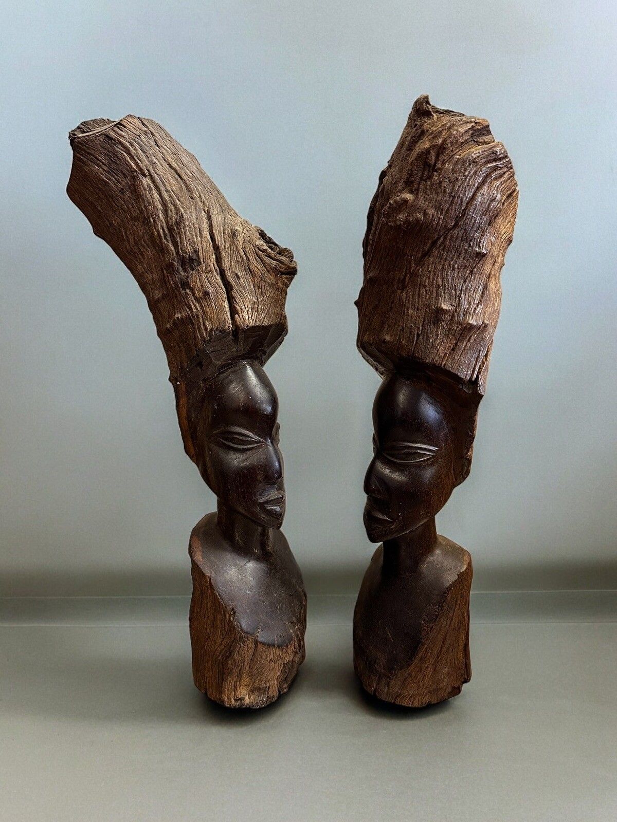 Pair Of Antique Carved Heads, African,  Tribal Art Interior Design  40cm High