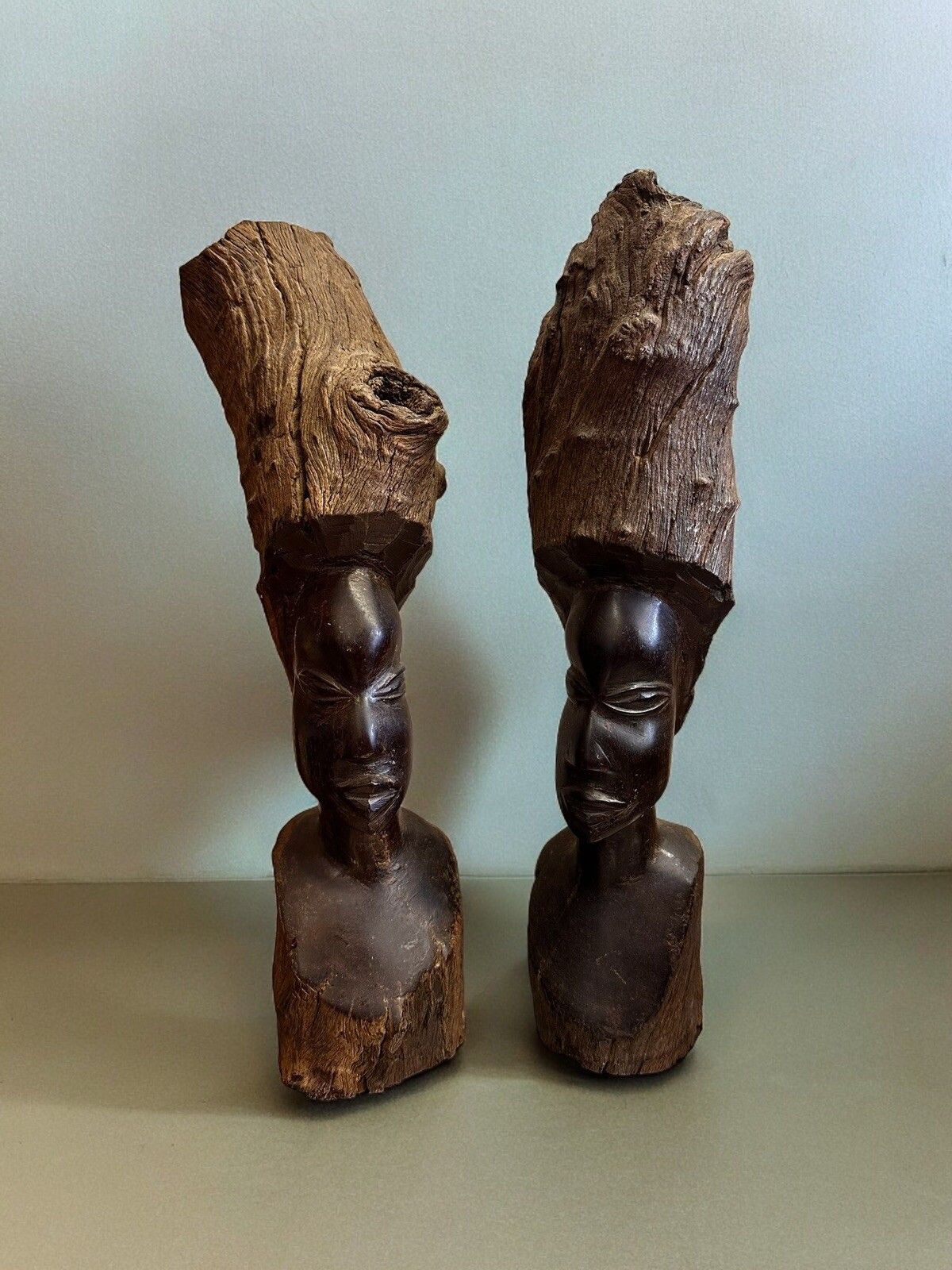 Pair Of Antique Carved Heads, African,  Tribal Art Interior Design  40cm High photo furniture