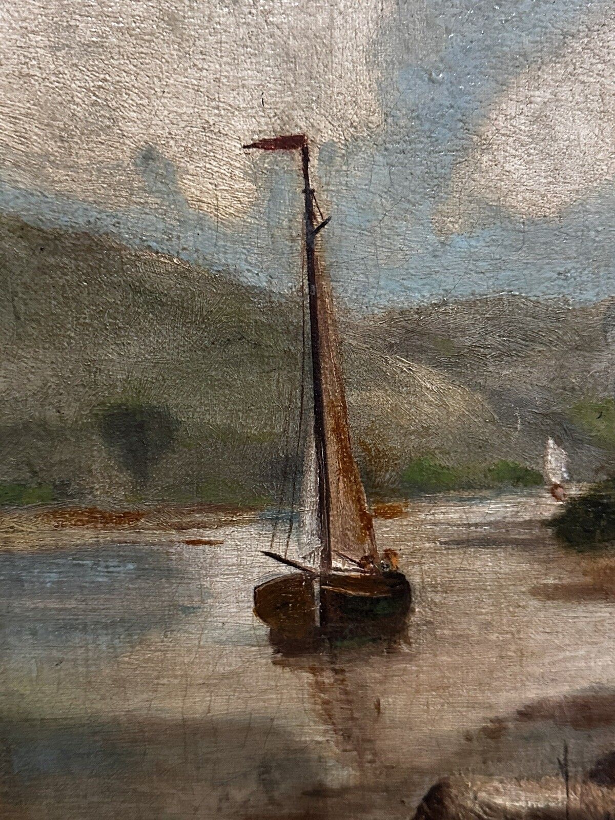 19th Century Oil Painting On Canvas Nautical Boat Landscape River Scene photo Art